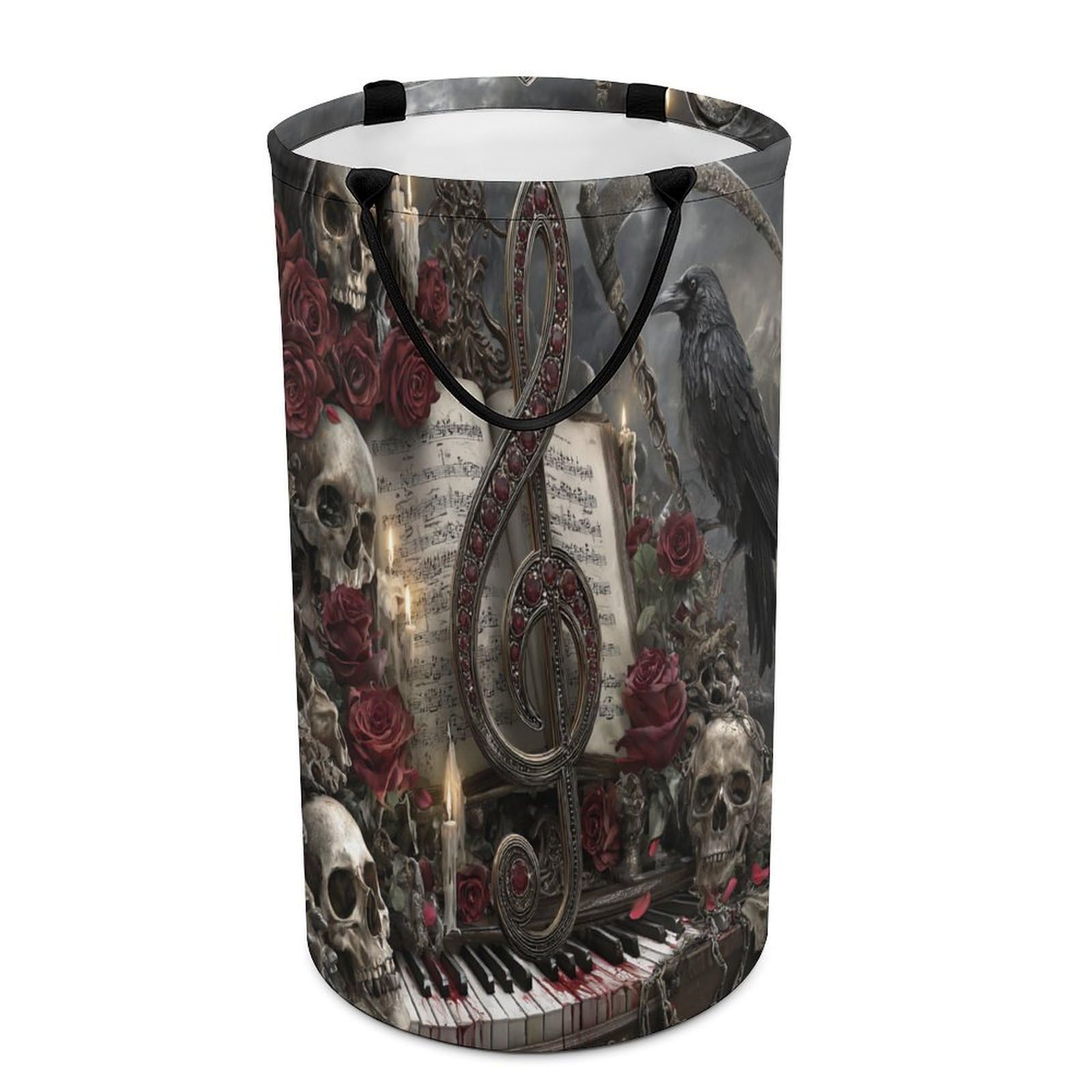 LUYYSKY Vintage Music Instrument Piano Versatile Storage Laundry Basket, Gothic Oil Painting Skull Skeleton Musical Note Animal Crow Large Bathroom Laundry Hamper With Handle-40 CM Dia, 69 CM High