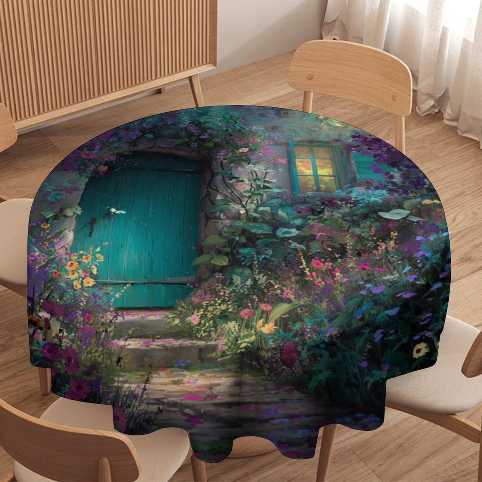 LUYYSKY Retro Abstract Fairy Log House Waterproof Round Tablecloth Classic Oil Painting Spring Forest Colorful Flowers Print Washable Table Cover for Kitchen-127 Wx127 L cm