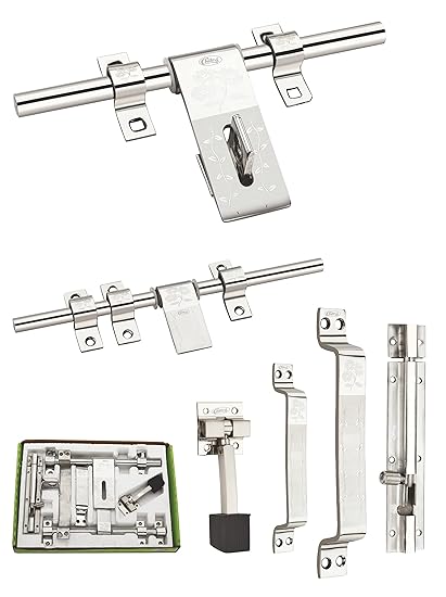 Chitra Mat Flower Stainless Steel Heavy Door Fitting Accessories Full Set/Kit (1 Aldrop, 1 Latch, 2 Handles, 1 Tower Bolt and 1 Door Stopper) (10 Inch, Satin Silver)