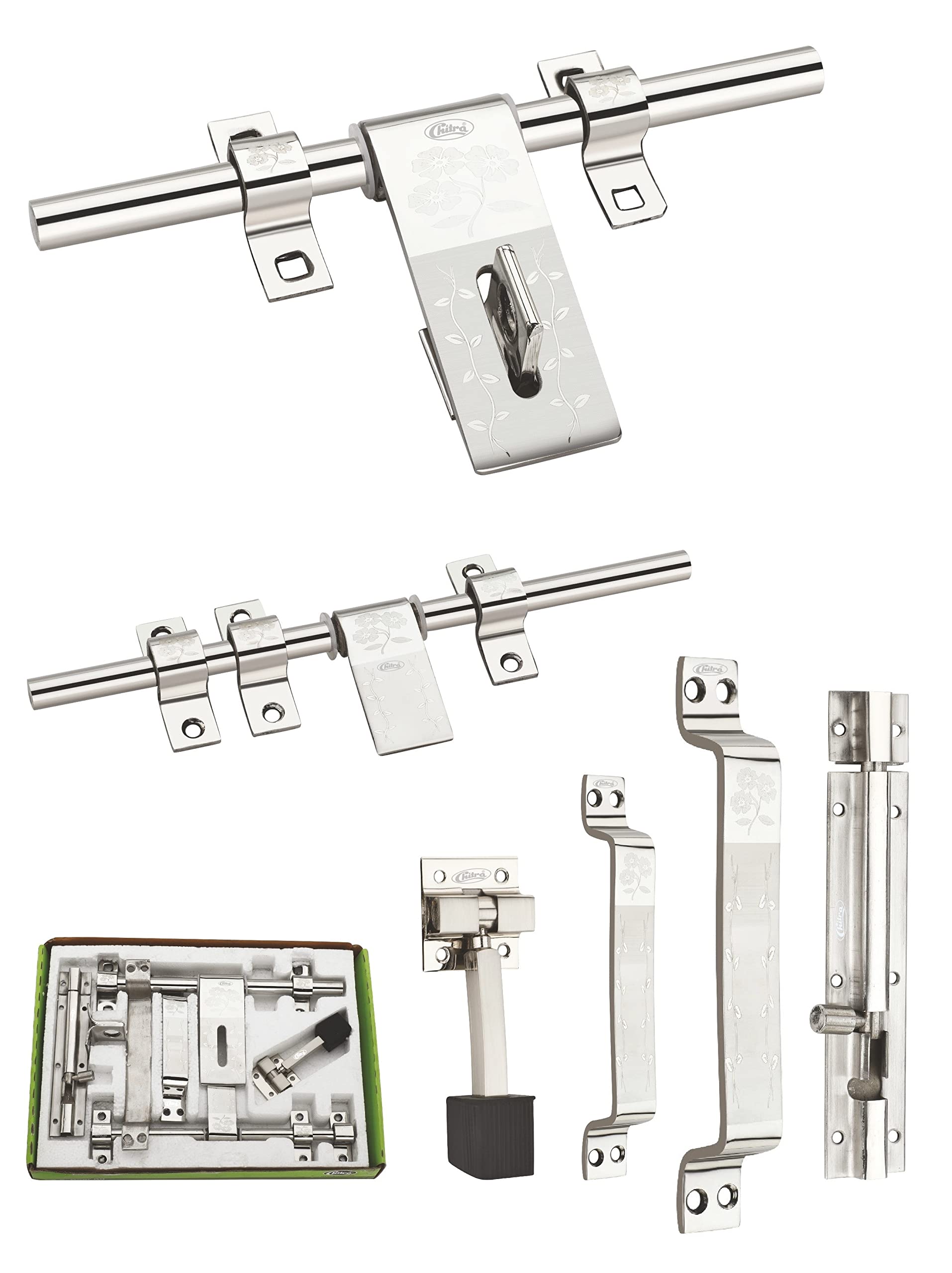 Chitra Mat Flower Stainless Steel Heavy Door Fitting Accessories Full Set/Kit (1 Aldrop, 1 Latch, 2 Handles, 1 Tower Bolt and 1 Door Stopper) (10 Inch, Satin Silver) (B09MD6MHNK) Amazon Price History, Amazon Price Tracker