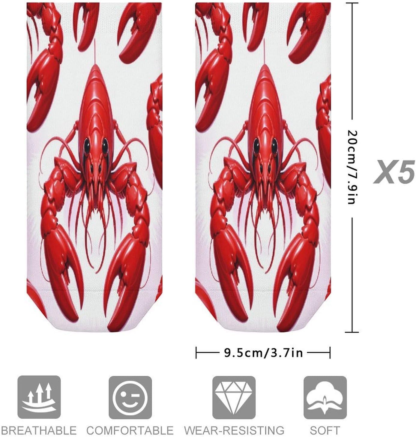 Socks for Men Women 5 Pairs Short Ankle Socks | Red Lobster Print Low Cut Casual Crew Sock Cute Breathable Athletic Socks Non Slip No Show Sock
