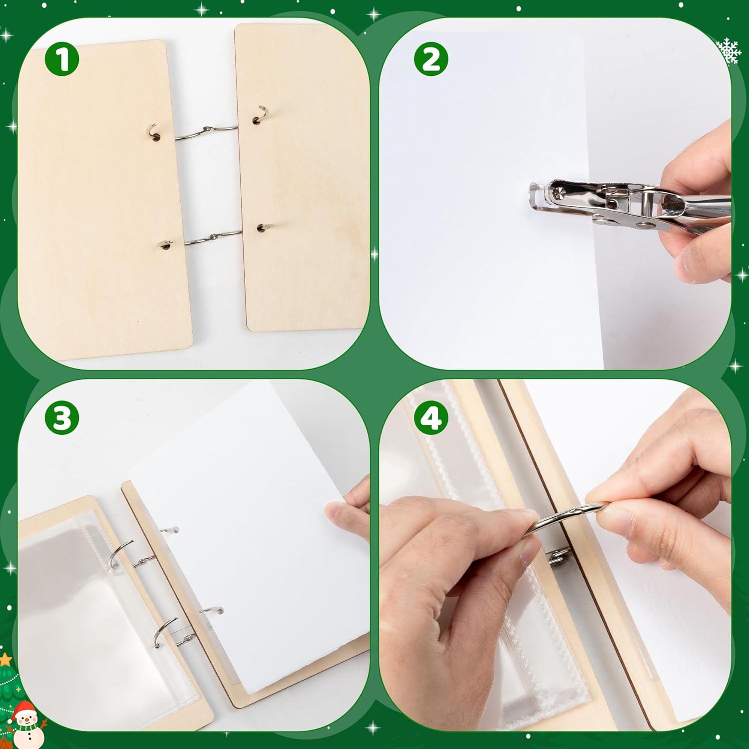 CJiangpo Christmas Card Keeper Set - Wooden Christmas Greeting Card Holder with 20 Protectors Velvet Ribbon Rings Hole Punch Keepsake Book Binder Postcards Storage Holiday Photo Album Keeper Xmas Gift