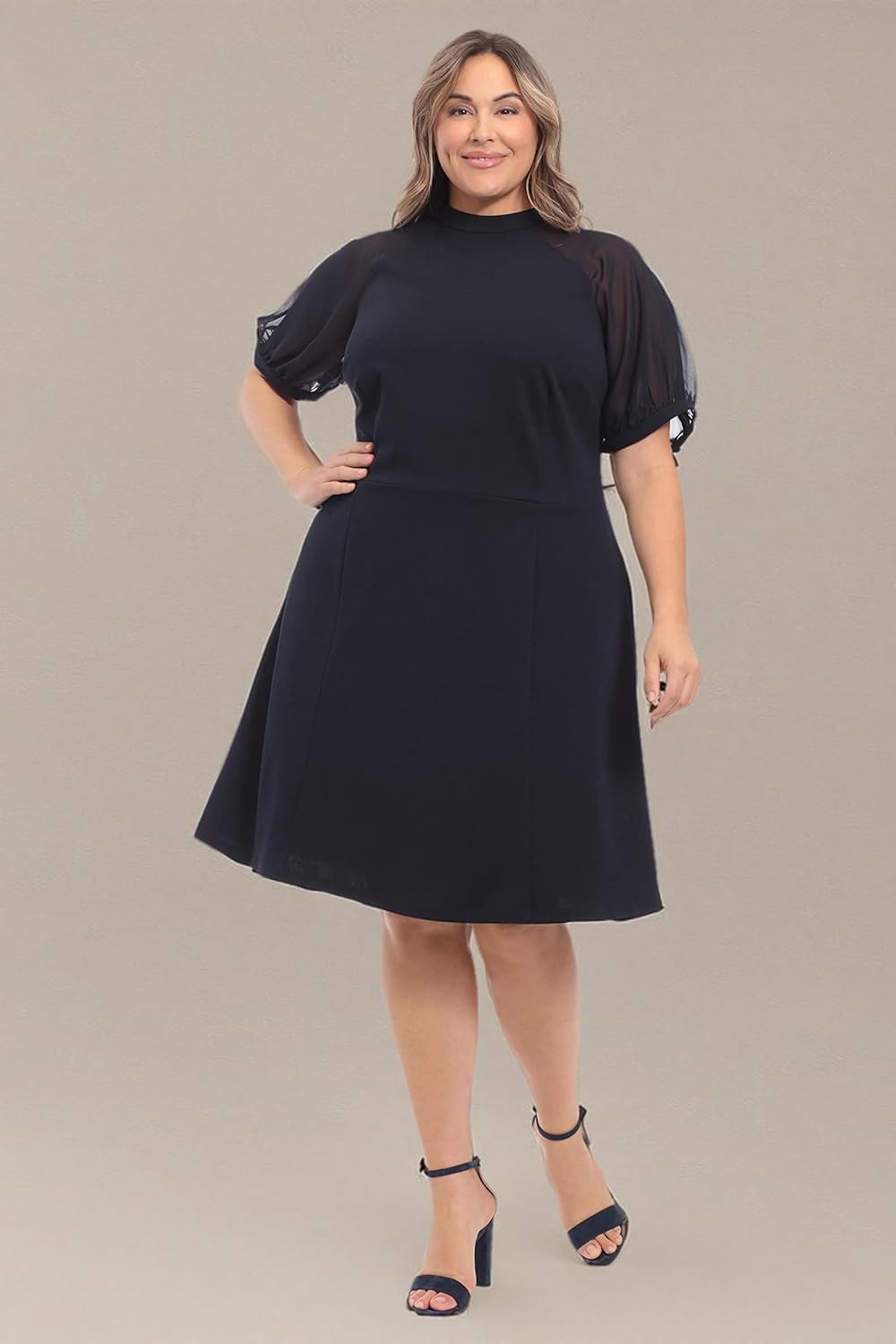 London Times Women's Fit and Flare Mock Neck with Sheer Elbow Sleeves Occasion Guest of Event