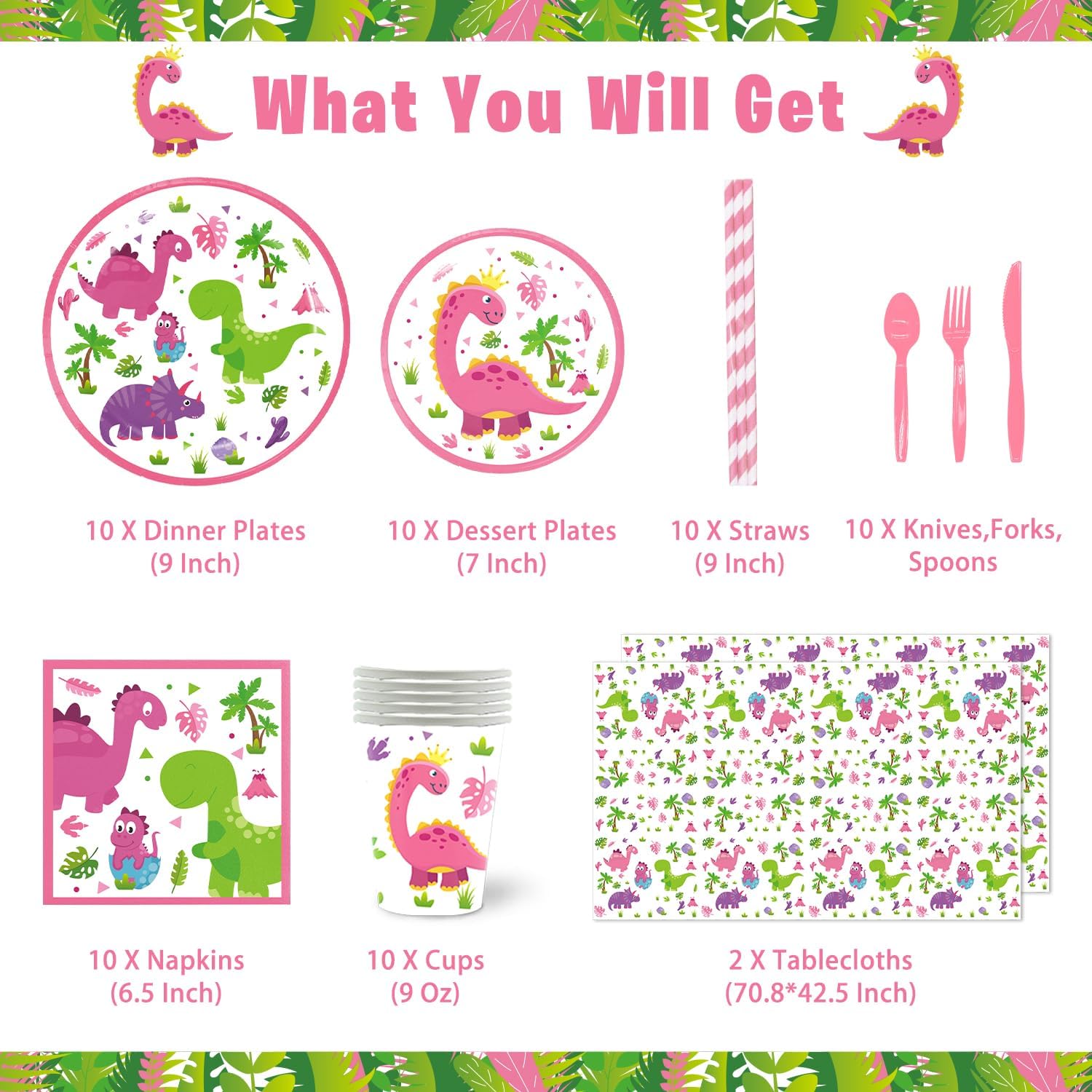 Girl Dinosaur Party Supplies, 206Pcs Pink Dinosaur Dino Themed Bday Party Decor Decorations for Girls - Backdrop, Banner, Tablecloth, Centerpieces, Plates, Stickers, Wall Signs