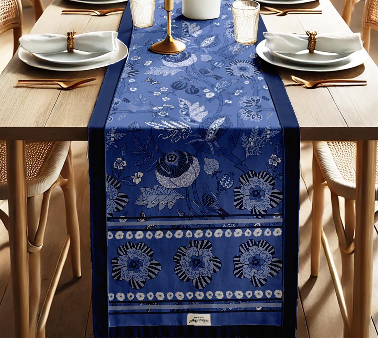 Boho Cotton Table Runner - Double Layer with Printed Floral Design - Machine Washable - Table Décor for Kitchen, Living & Events, 14" x 60"