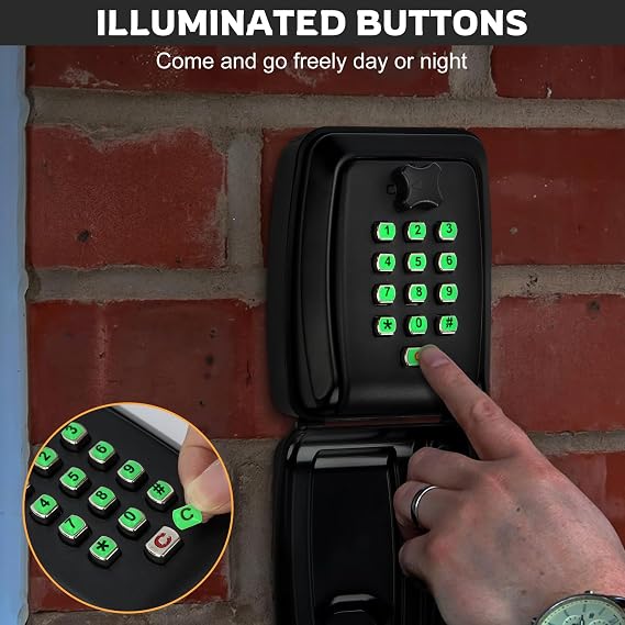 Key Safe Wall Mounted - Key Lock Box Outdoor with Illuminated Button Stickers - Large Key Box with 12-Digit Code - Key Storage Box with Weatherproof Cover for Home Garage Office School
