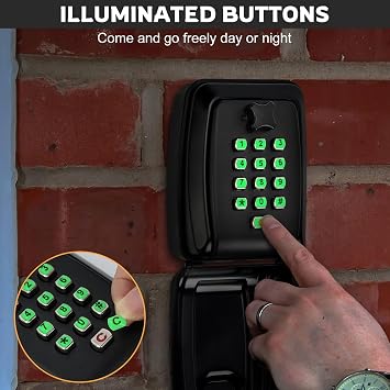 Key Safe Wall Mounted - Key Lock Box Outdoor with Illuminated Button Stickers - Large Key Box with 12-Digit Code - Key Storage Box with Weatherproof Cover for Home Garage Office School