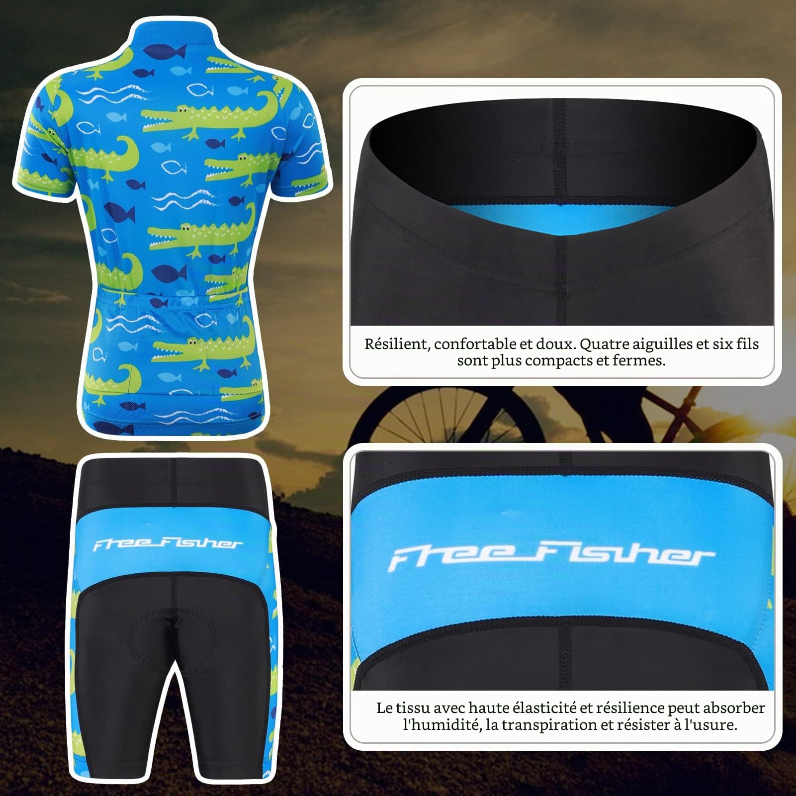 Ensemble Maillot de Cyclisme Enfant Garçon avec Poche Elastique Fille Maillots de Cyclisme Court + Short Rembourré Respirant Combinaison