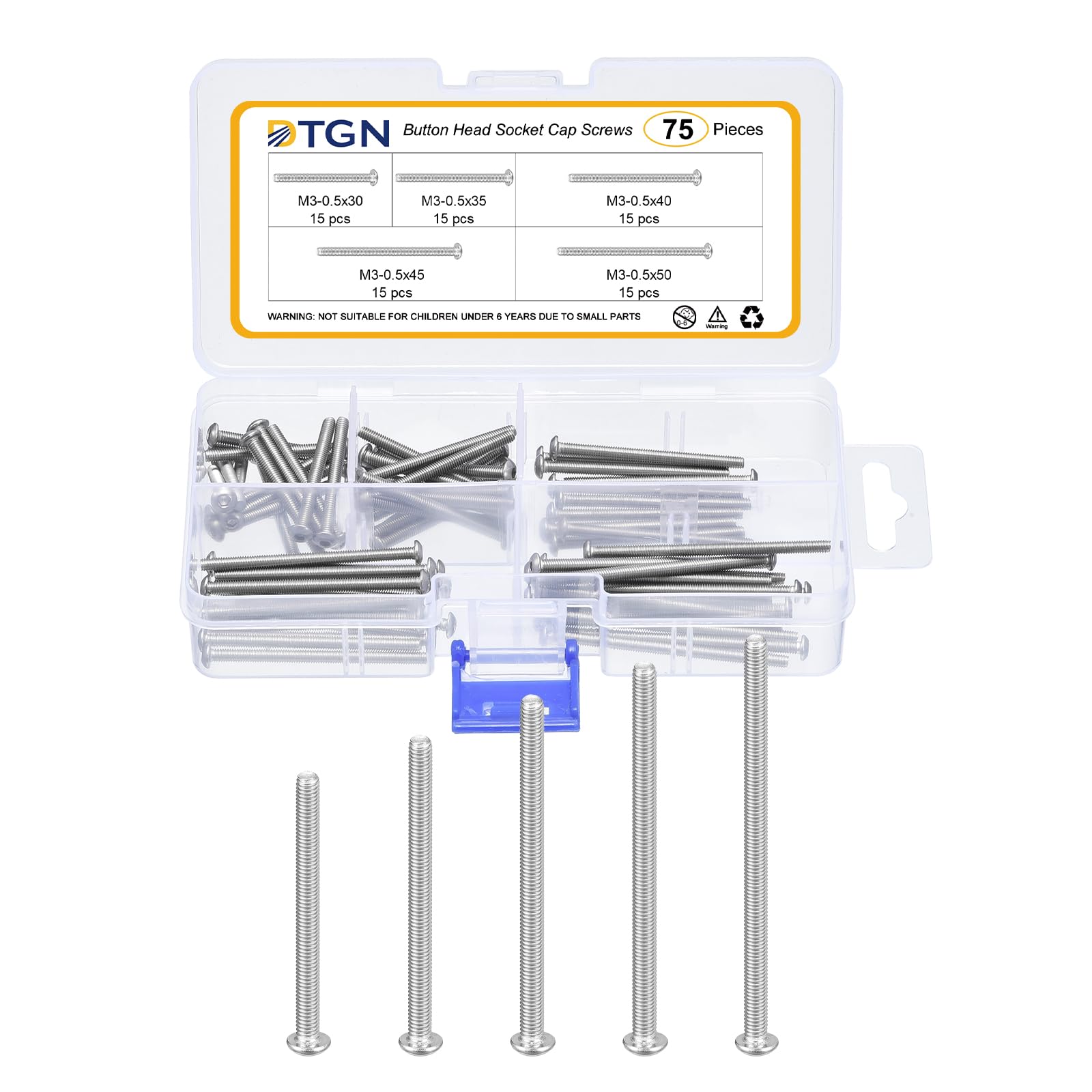 DTGN 75Pcs M3-0.5x30/35/40/45/50mm Button Head Socket Cap Screws, 304 Stainless Steel Bolt Nut Set Washer Assortment Kit