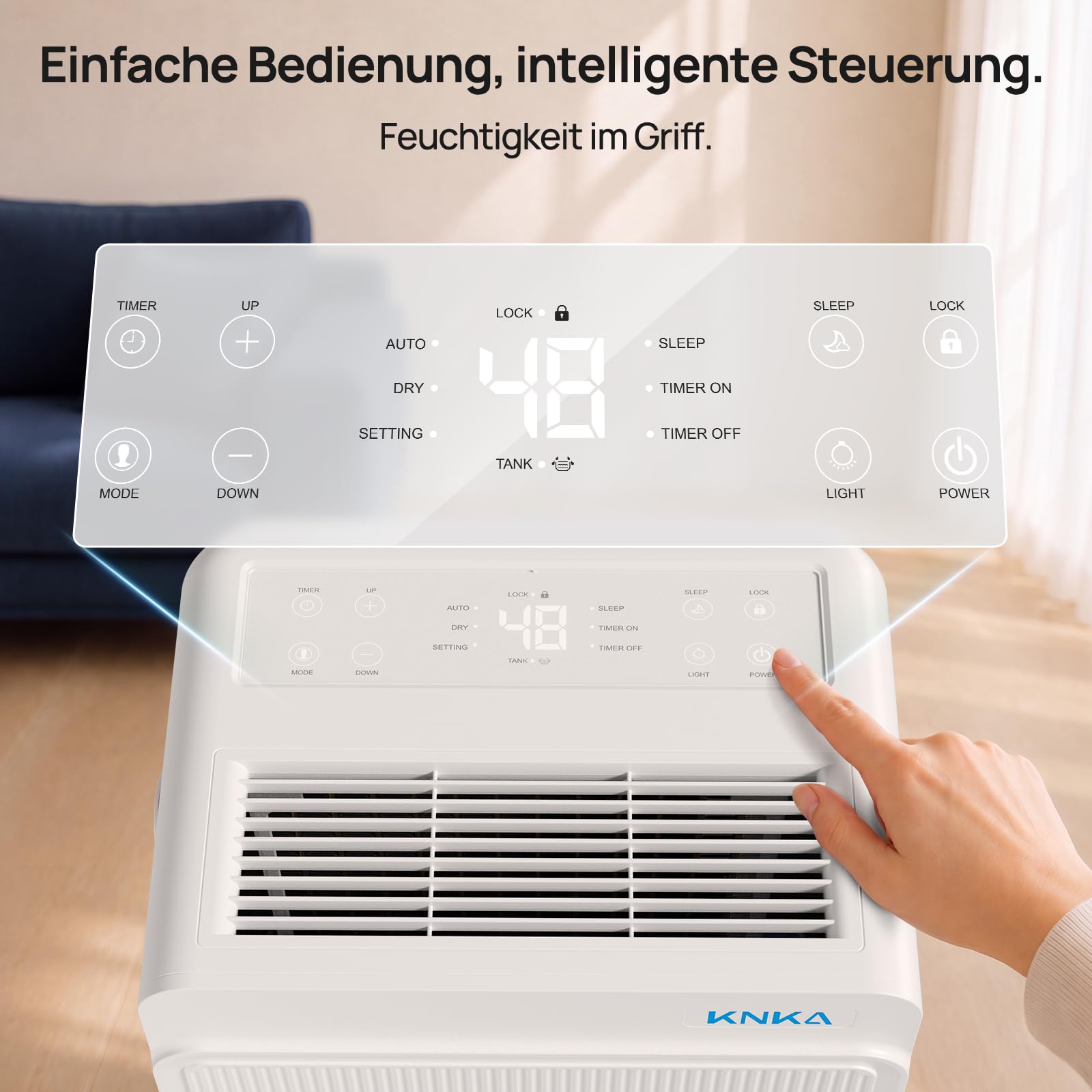 KNKA Luftentfeuchter 25L/Tag Luftentfeuchter Elektrisch Drei Betriebsmodi | Entfeuchter Elektrisch Mit 4,0L Wassertank, leistungsstarker und leiser Entfeuchtung, für Bereiche bis 125 m³ (50 m²). Weiß.