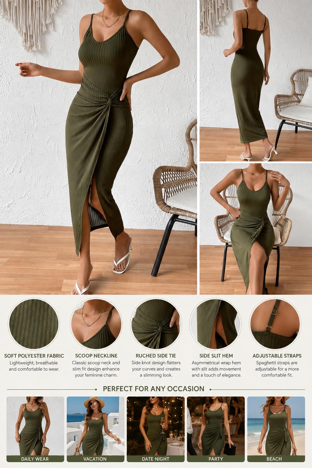 Genérico Vestidos Largos Ajustados para Mujer Sexys Sin Espalda con Tirantes Finos Escote En U Elegantes y Cómodos con Cintura Retorcida y Abertura Alta para Fiestas O Citas Informales.
