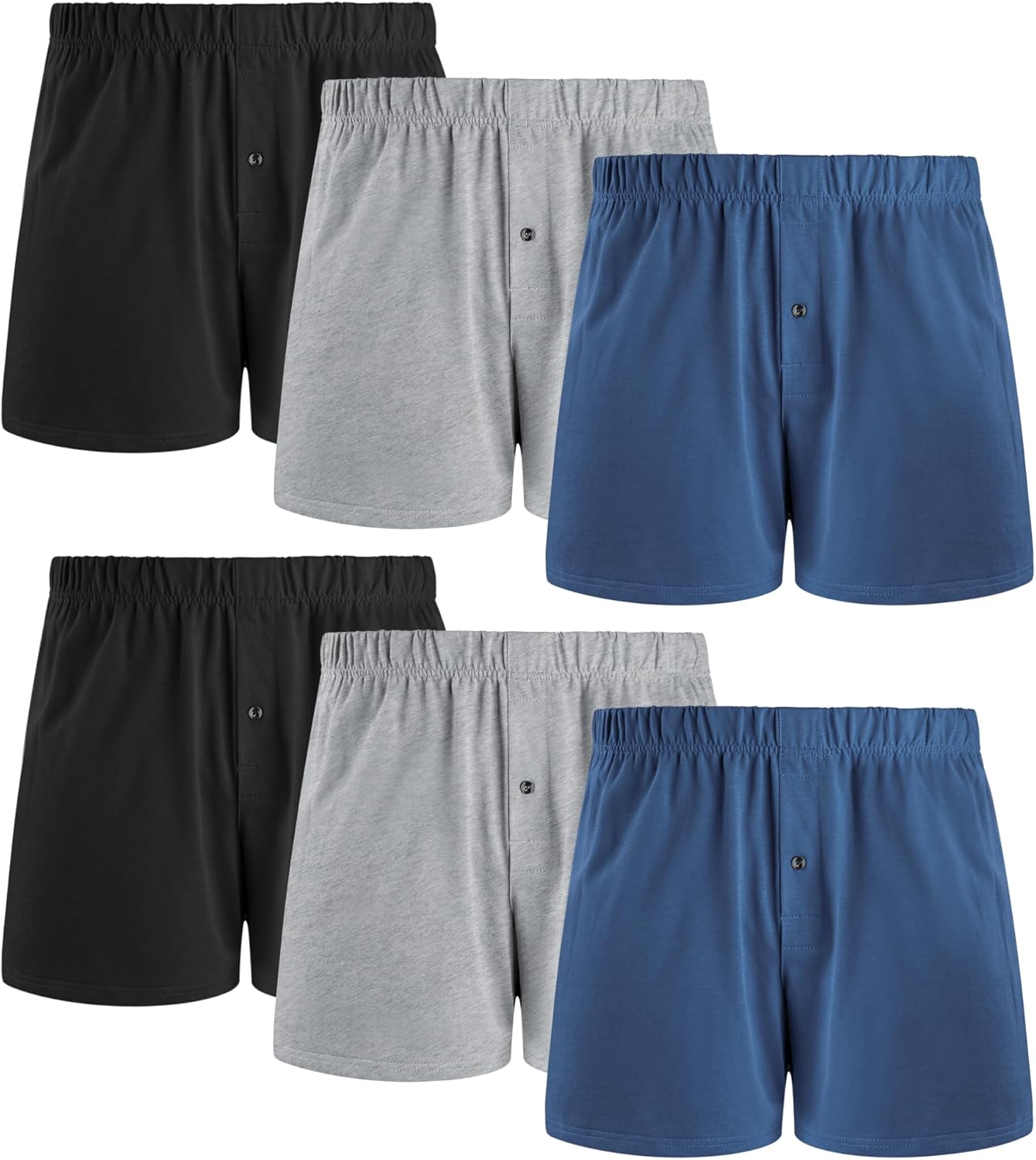 Men's Boxer Shorts 6 Pack, Soft Cotton Knit Loose Fit Underwear with Button Fly and Comfort Elastic Waistband