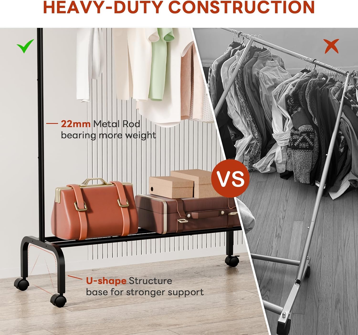 Metal Standing Clothes Rack, Rolling Clothing Rack for Hanging Clothes, Portable Clothes Rack with Storage Shelves, Black