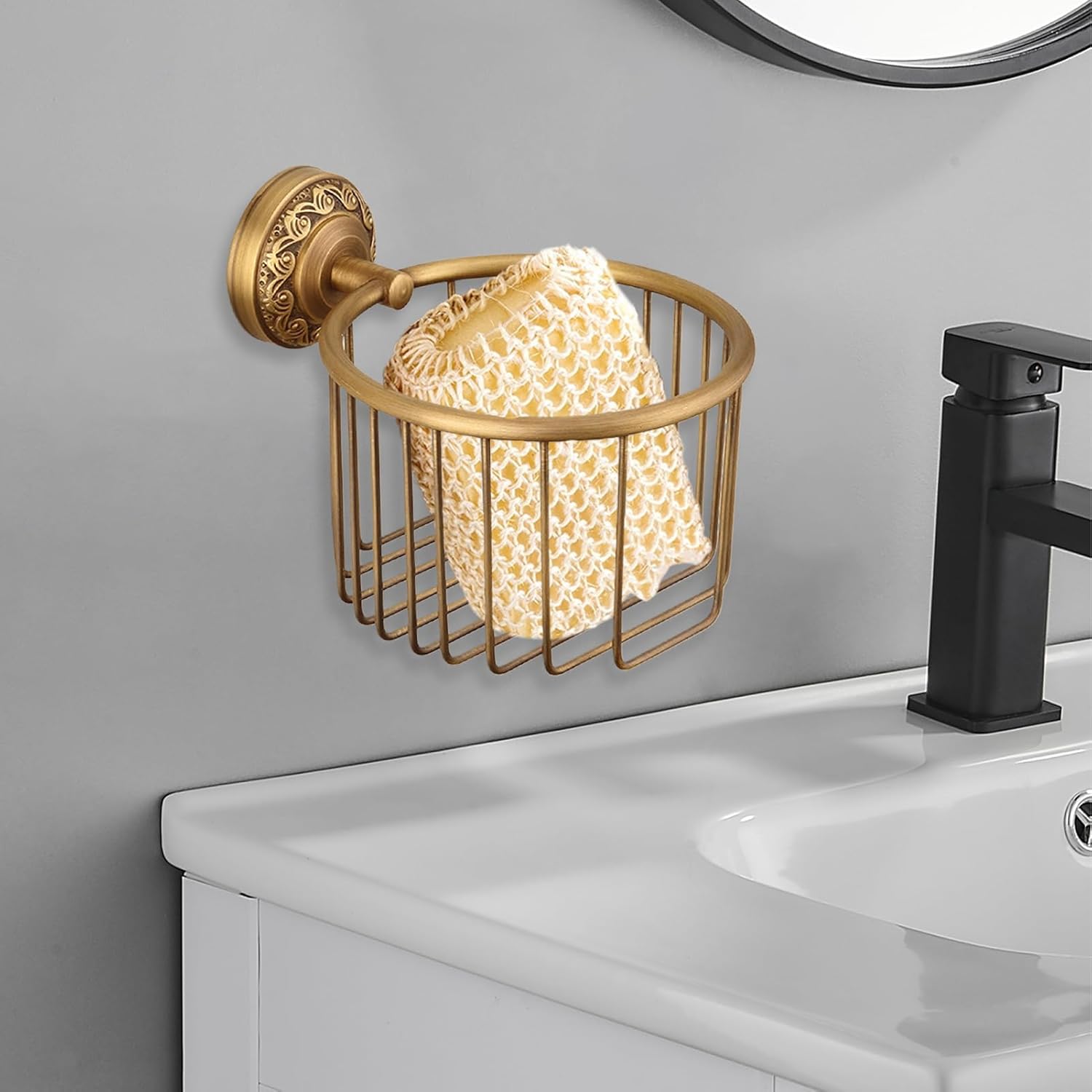 Vintage Gold Toilet Paper Holder with Basket, Wall - Mount Bathroom Storage for RV, Camper & Home