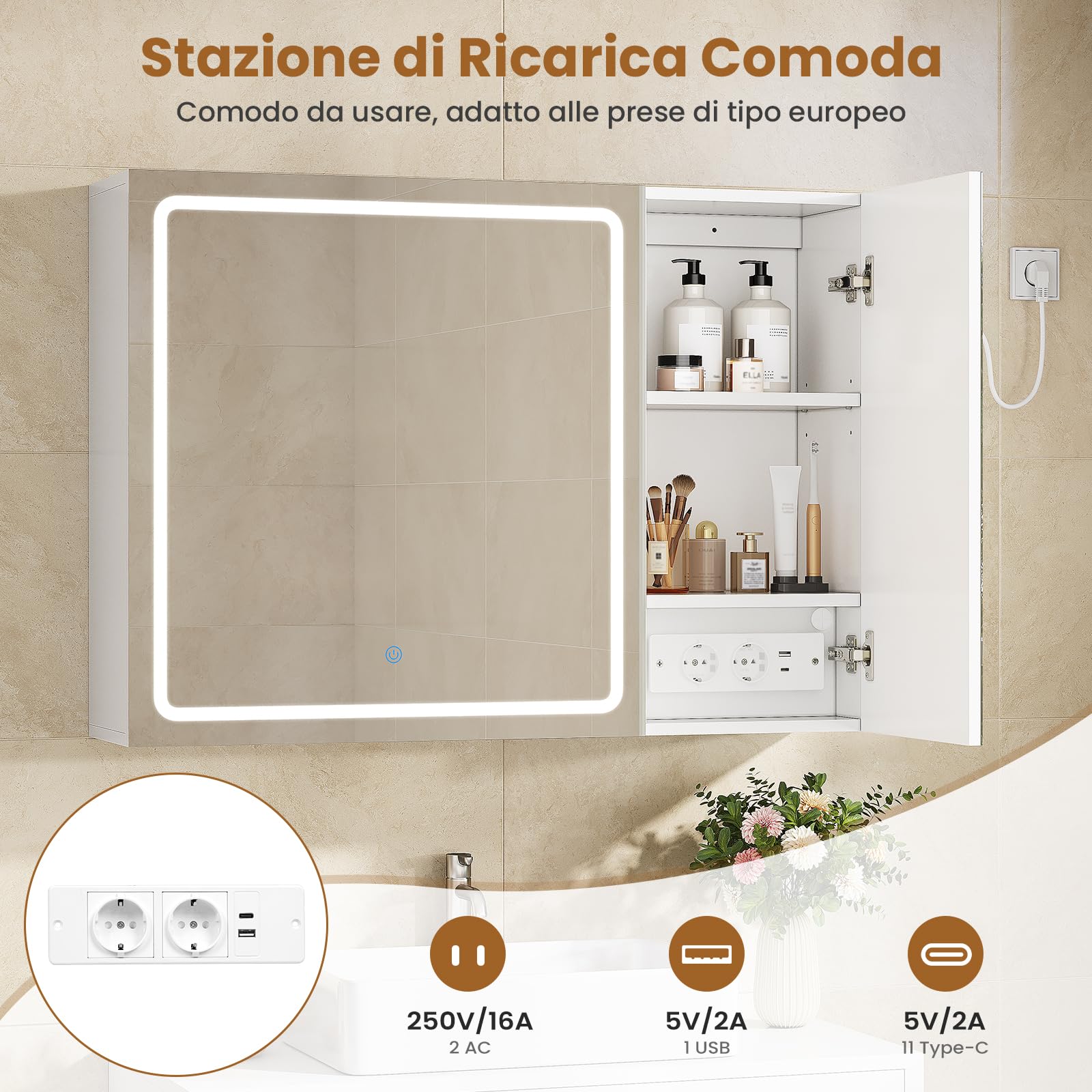 Specchio Bagno con Luce LED Regolabile e Presa Multipla, 2 Ante Specchio Bagno Contenitore 80x16x60 cm con Ripiani Regolabili, Specchiera Bagno con Specchio Grande HD, Bianco