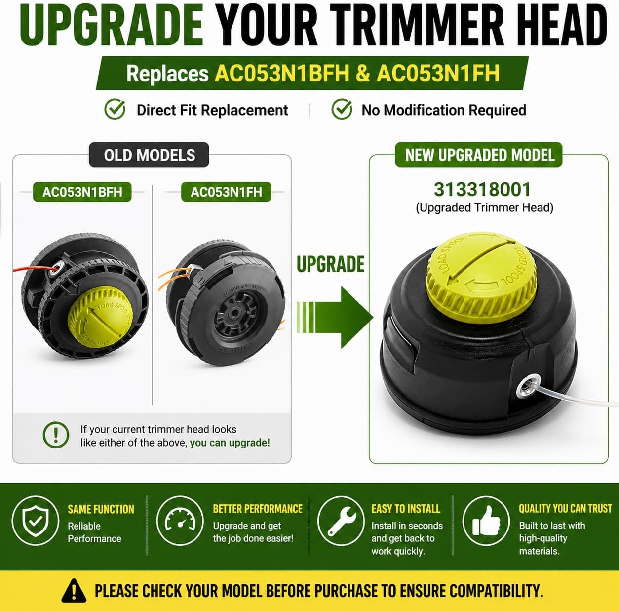 2PC Trimmer Replacement 313318001 Head for Ryobi S430 4 Cycle RY34440 RY4CSS RY4CSSVNM/EXPAND-IT Straight Shaft trimmer RYSST44 RY40ST01 RY15523A/ SS30 RY253SS/40V RY40250 RY40270 RY40290 Gas-Trimmer view 2