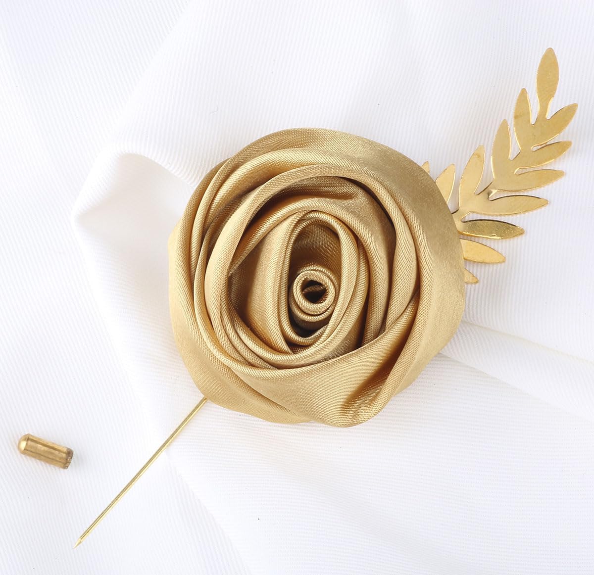 Faux Silk Rose Men Suit Boutonniere, Artificial Flower & Golden Leave Brooch Lapel Pin for Groom Groomsman Wedding Prom Dance Homecoming Party