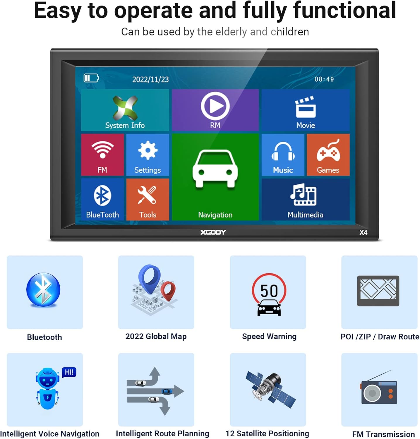 Dos view of the Xgody 9-inch GPS device