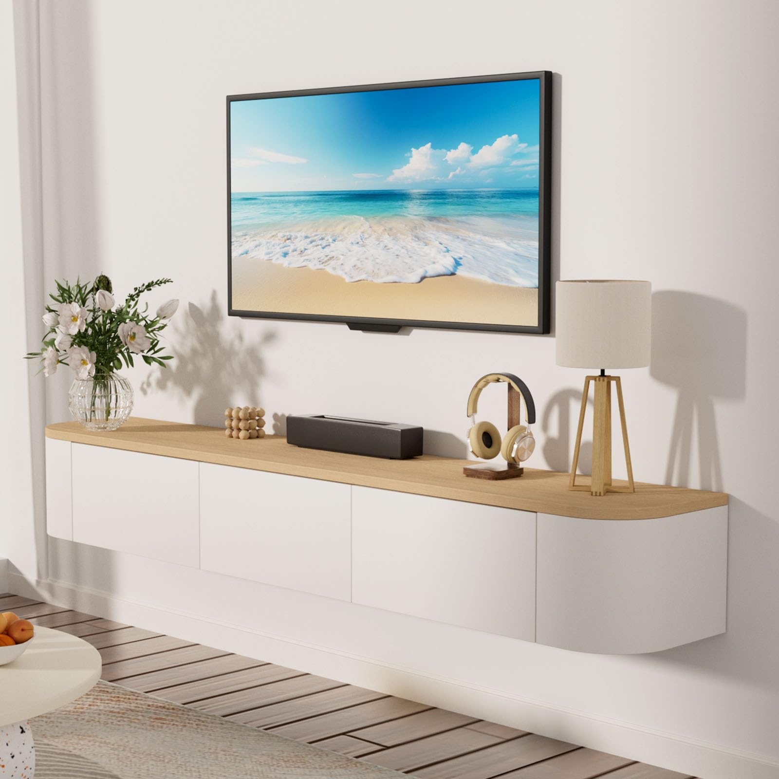 JMGJOY 180cm Floating Tv Stand Cabinet Wall Mounted Tv Unit with Doors And Drawers Media Wall Unit Large Storage Console Table for Living Room Bedroom and Office, White+Wood
