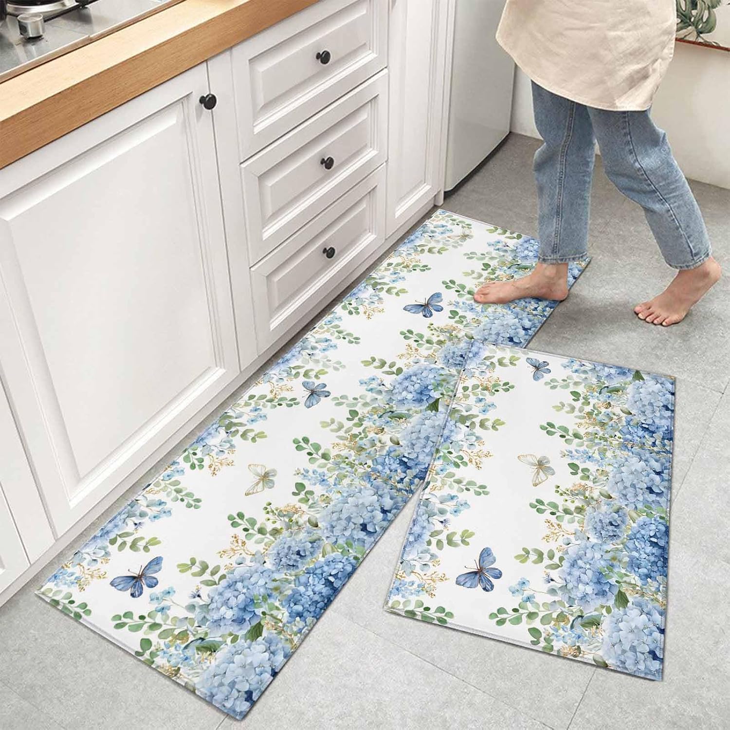 Kitchen Mats for Floor Summer Flower Leaf Butterfly Washable Non Slip Kitchen Rugs 2PCS, Blue Hydrangea Green Leaves Absorbent Standing Mats for Sink Office Living Room 15.7x23.6in+15.7x47.2in