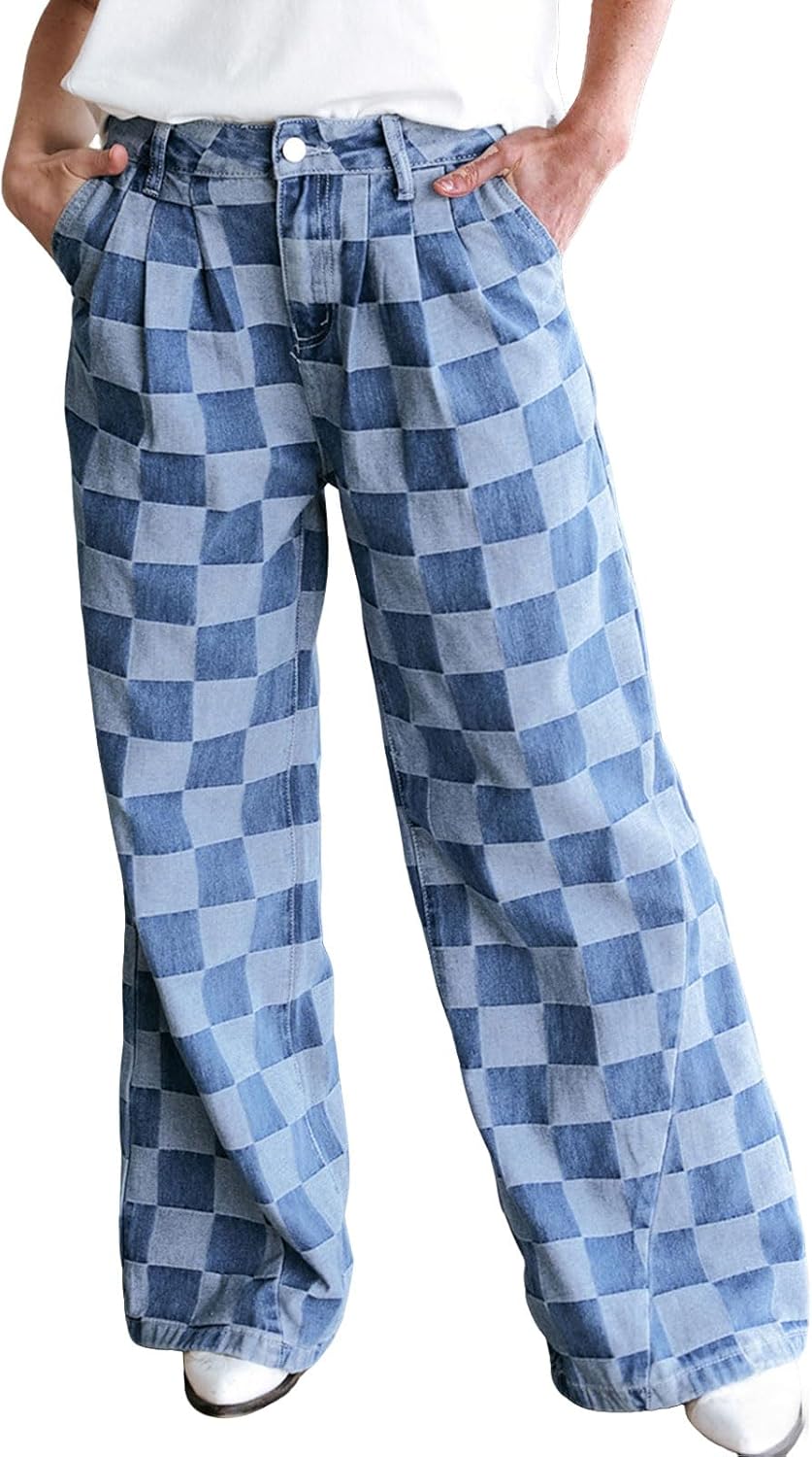 loveimgs Women Baggy Checkered Pants Patterned Denim Wide Leg Jeans Plaid Printed High Waisted Gingham Jeans