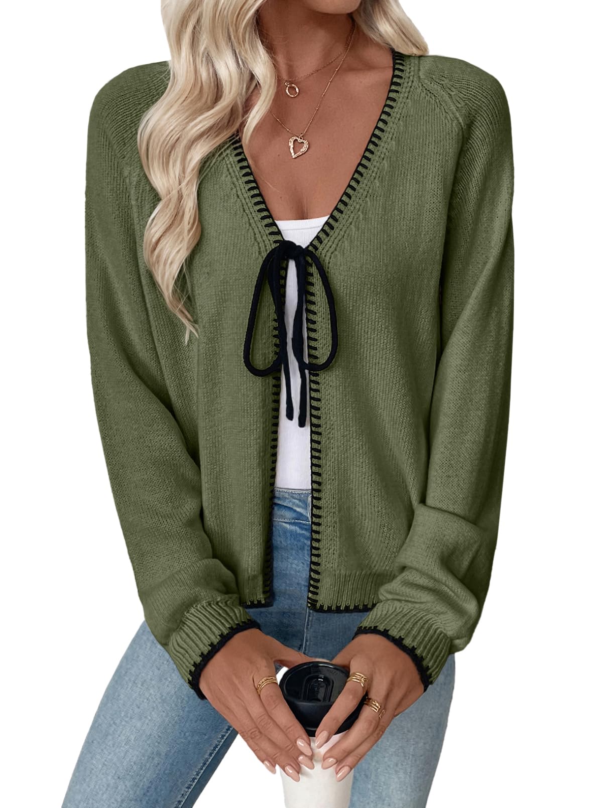 EVALESS Womens Cardigan Sweaters Trendy V Neck Long Sleeve Open Front Bow Tie Knit Chunky Lightweight Fall Outerwear