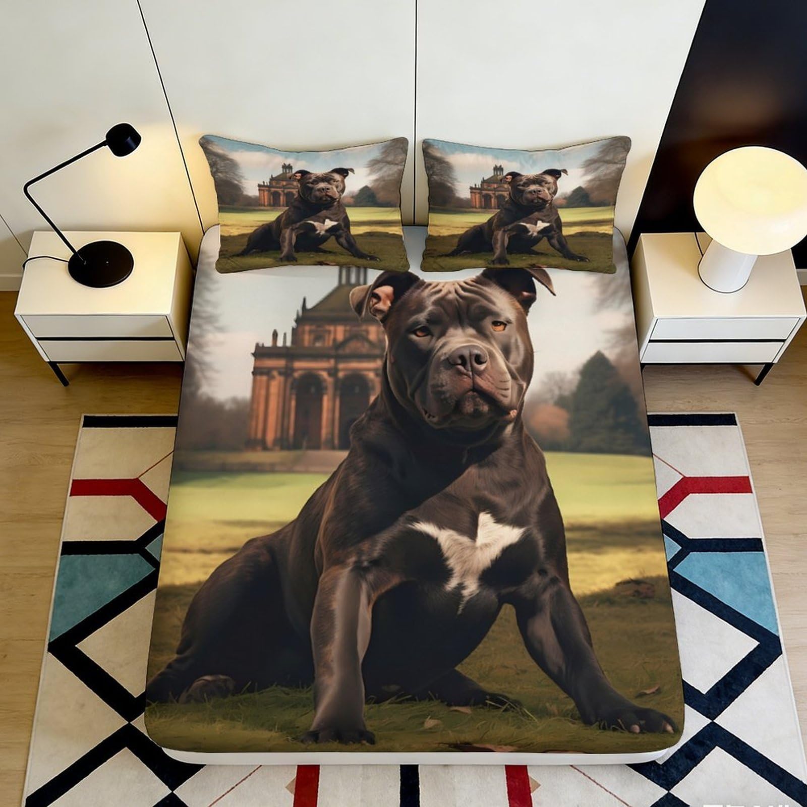 3D Printed Black Pitbull Dog Fitted Sheet Microfiber Soft Bed Cover for Bedroom Decor, Animal Art Mattress Protection 90x200x25cm