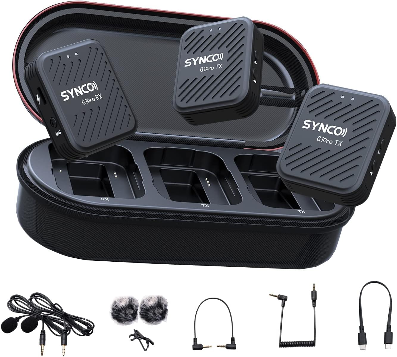 synco Wireless Lavalier Microphone, G1(A2) Pro 2.4G Lapel Mic with Charging Case Noise Cancellation 492FT 8H for On Line Class Vlog Live Stream YouTube for Camera Smartphone Tablet