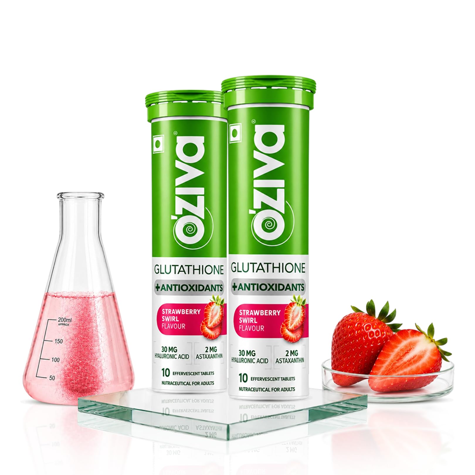 Glutathione + Antioxidants | Glutathione tablets For Radiance & Even Skin Tone | With Hyaluronic Acid & Astaxanthin, Strawberry Swirl - Pack of 2 (30 Tablets)