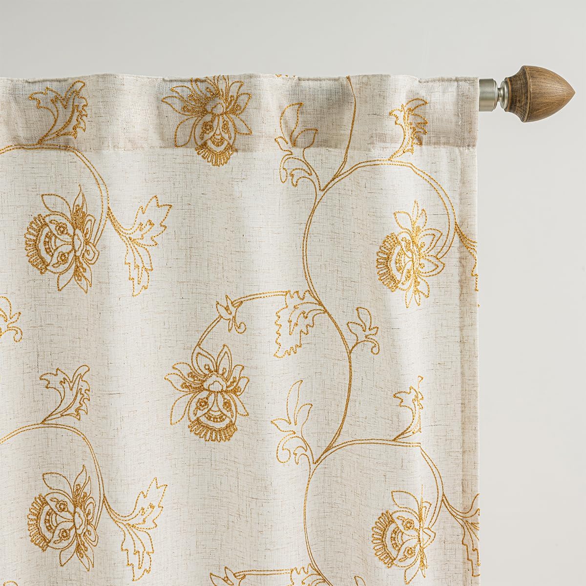 Embroidered Linen Blend Curtains for Bedroom, Living Room, Bohemian Semi-Blackout Floral Window Treatments with Backing Rod Pocket Hooks Beige Gold Matching Curtains 2 Piece 63 Inch Gold