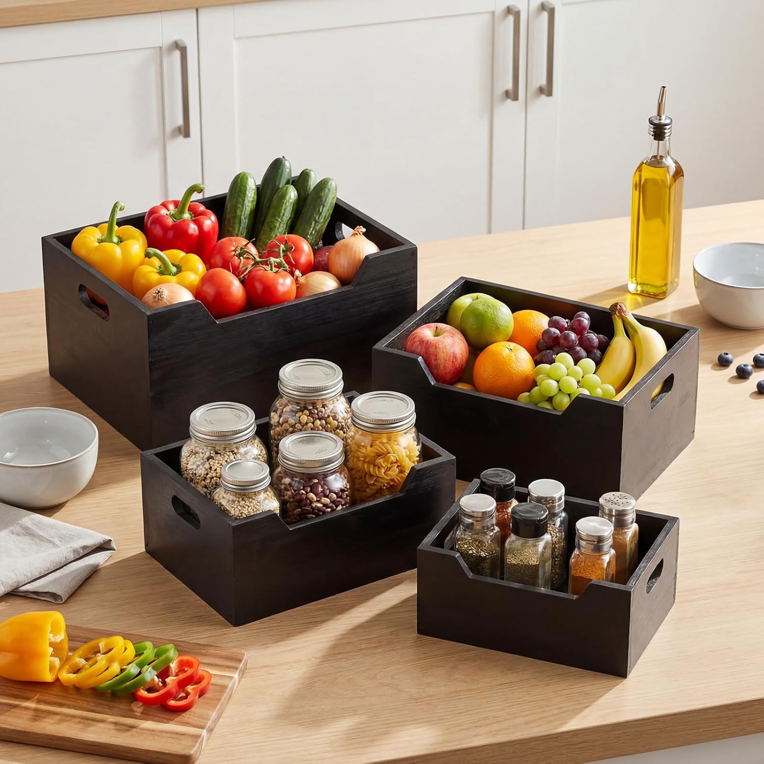 Chunful 4 Pack Wood Crates Nesting Storage Baskets Decorative Farmhouse Wooden Organizer Crates Boxes with Open Front and Handle Rustic Nesting Baskets for Fruit Vegetable Kitchen Bathroom (Black)