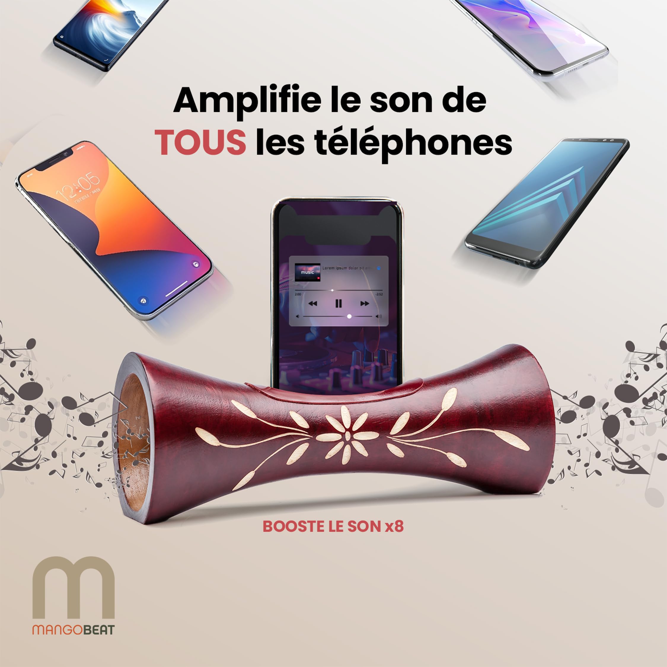 mangobeat® - Enceinte écologique et Universelle en Bois - Amplification de Tous Les Smartphones sans électricité - « Loupe » 35cm