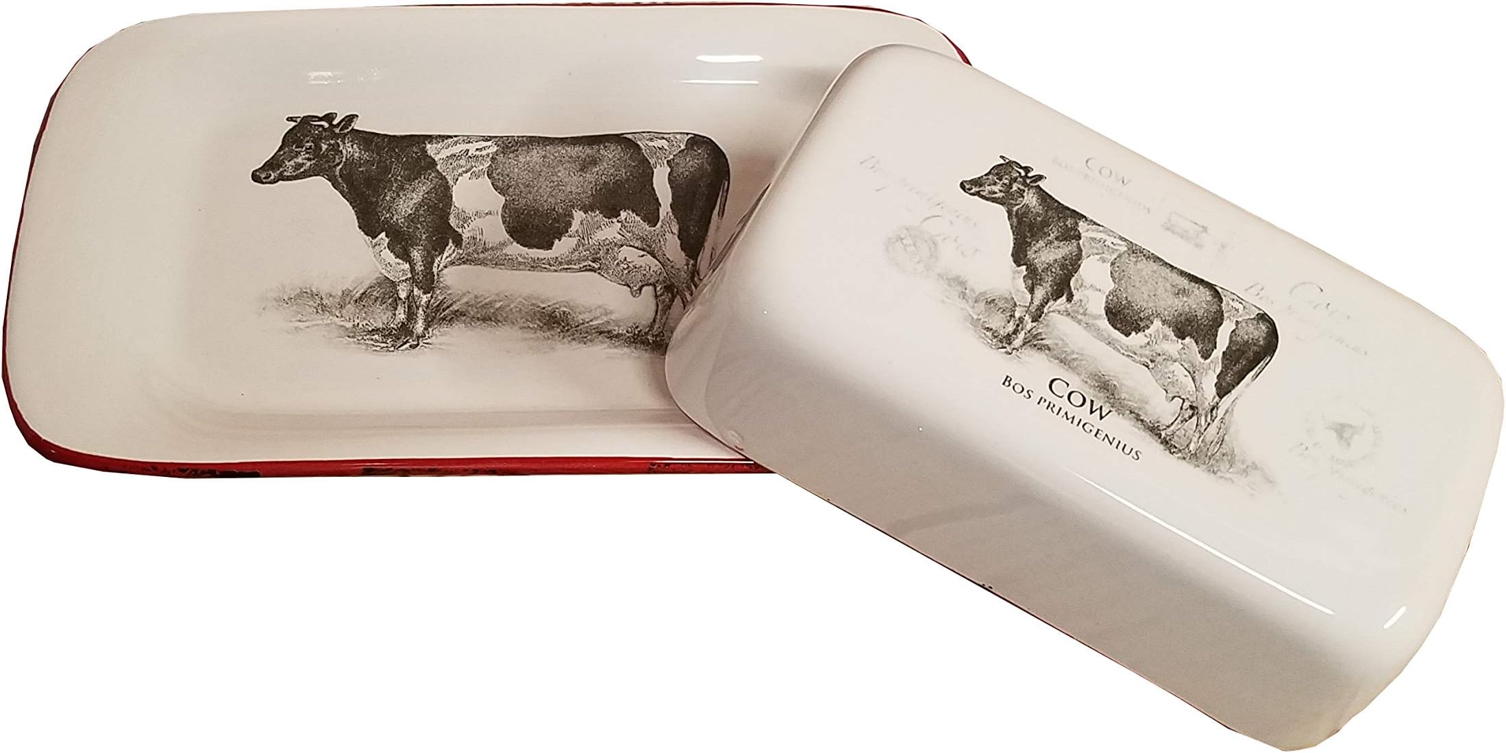 Farmhouse Dolomite Cow Butter Dish White with Red Trim