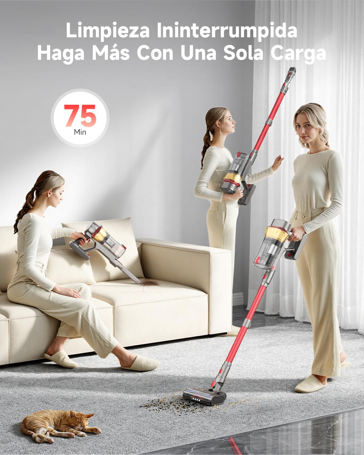 55KPa/650W Aspiradora sin Cable, Aspiradora Sin Cable Potente hasta 75Mins, con Carga de Pared Smart Screen, Cepillo Antienredos, Alfombra Pelo Mascota Suelo Sofá[Clase de eficiencia energética A+++]
