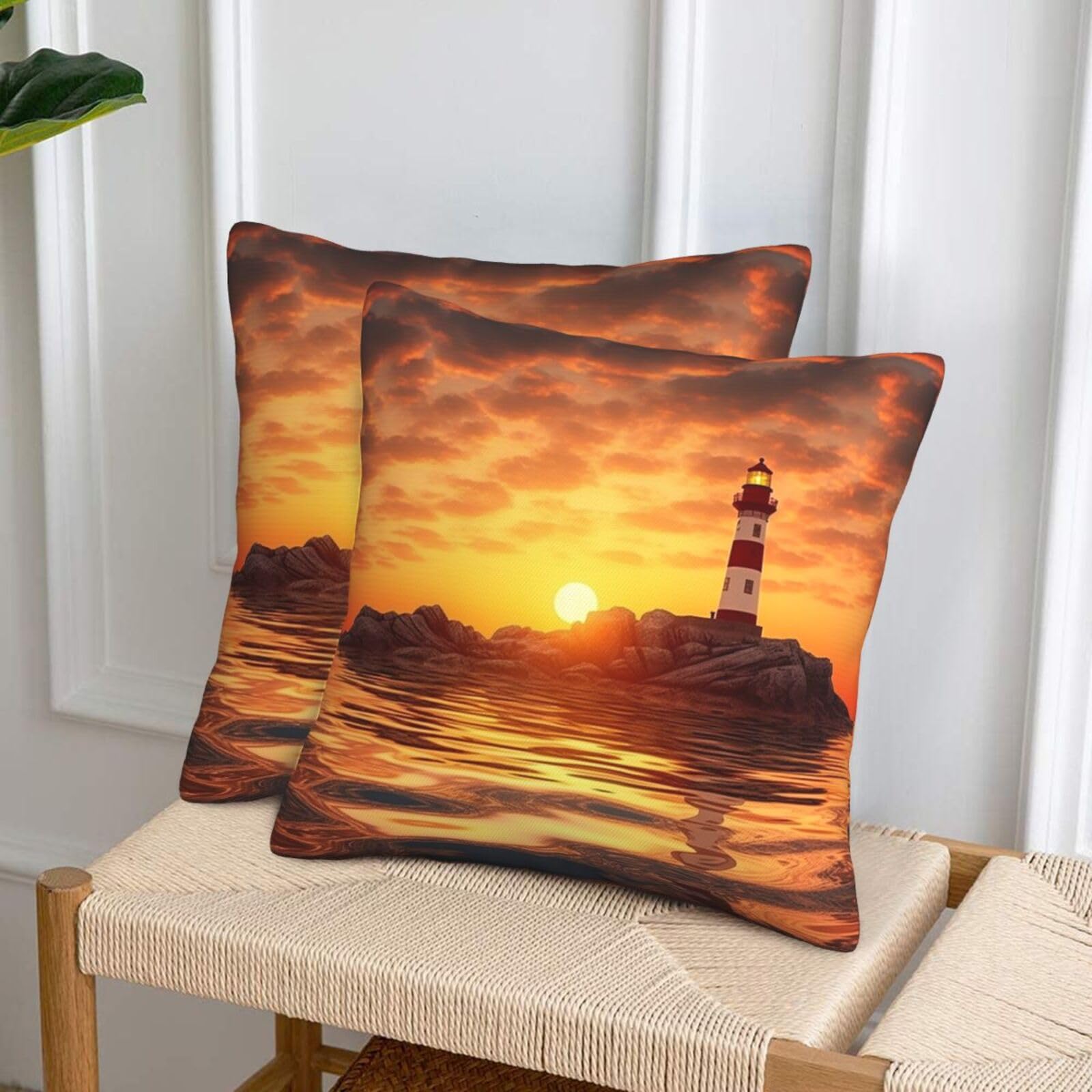 NONHAI Decorative Throw Pillow Covers Set of 2, 20"x20" Square Cushion Case Soft Comfy Sea Lighthouse in Sunset Throw Pillows for Couch Cushion Livingroom Farmhouse Home Decor Pillowcases