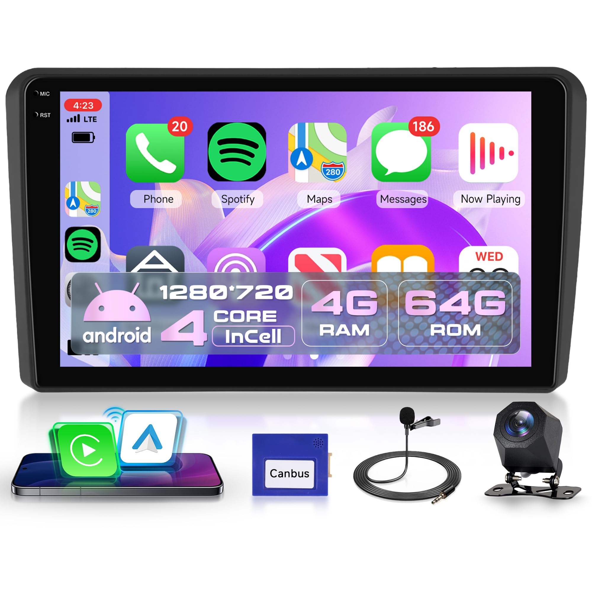 4G+64G Inalámbrico Carplay Android Radio Coche para Audi A3 S3 RS3 8P 8VS 8PA 9 Pulgadas Incell Pantalla Radio Coche con Android Auto GPS Navi WiFi Bluetooth Mirror Link FM/RDS EQ/SWC Cámara Trasera