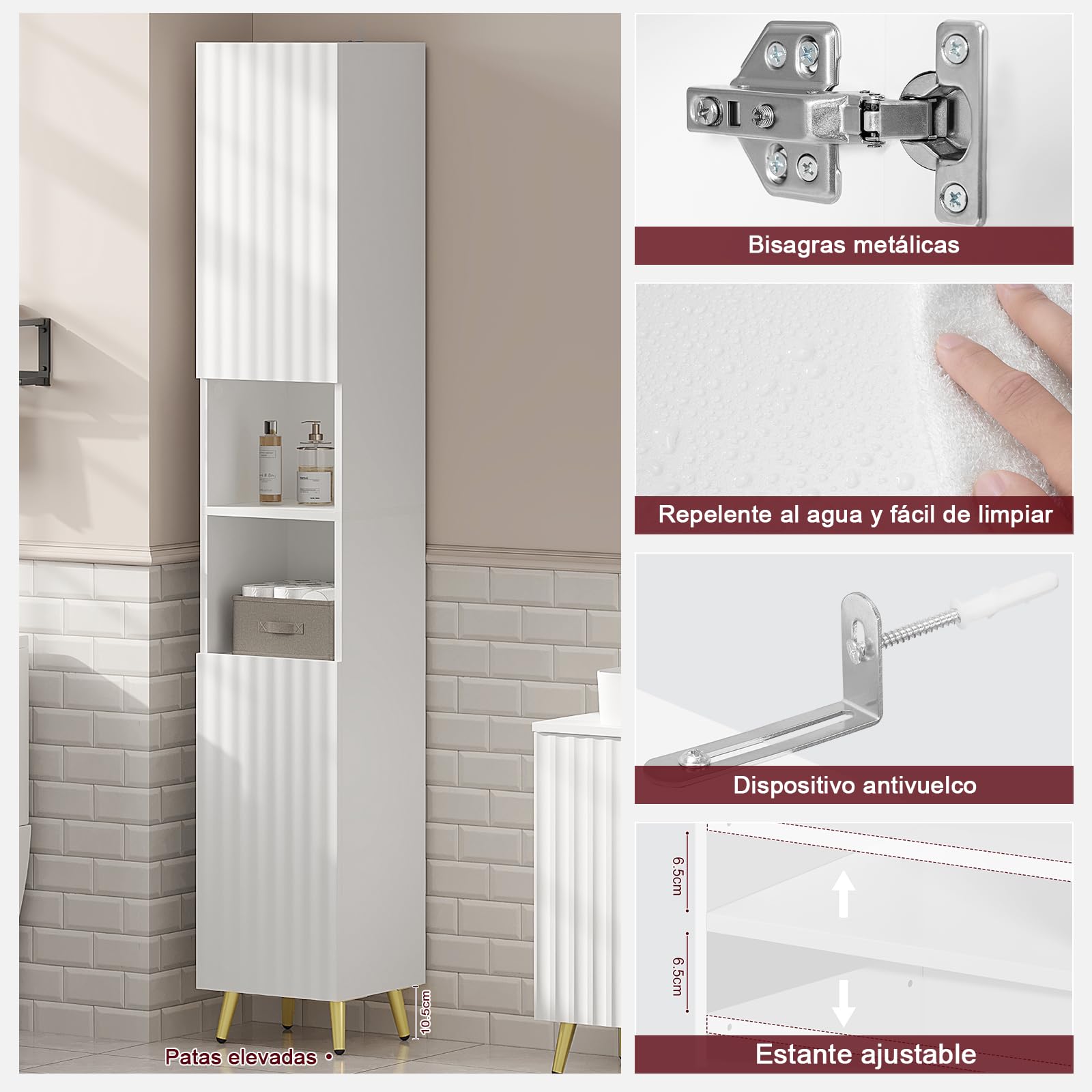 eSituro Armario Alto de Baño, Mueble Estrecho con Compartimentos Abiertos, Auxiliar con 2 Puertas, Estante Ajustable, Patas Metálicas Doradas, Blanco, 30x28x180 cm