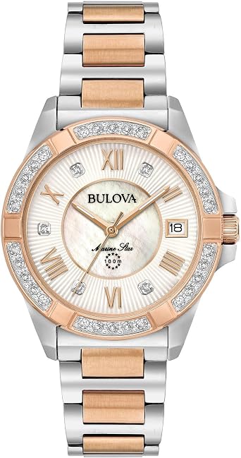 Bulova Ladies Marine Star Series L 3-Hand Day Date Quartz Diamond Watch, Sapphire Crystal, 100M Water Resistant, Mother-of-Pearl Dial, 34mm