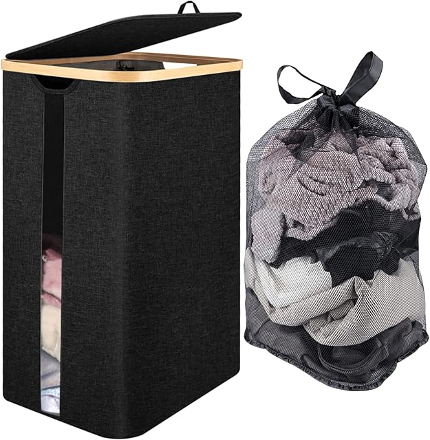 Laundry Hamper with Lid, 87L Large Laundry Hamper with Removable Laundry Bags, Dirty Clothes Hamper with Handles, Black Laundry Hamper for Clothes Storage and Bedroom