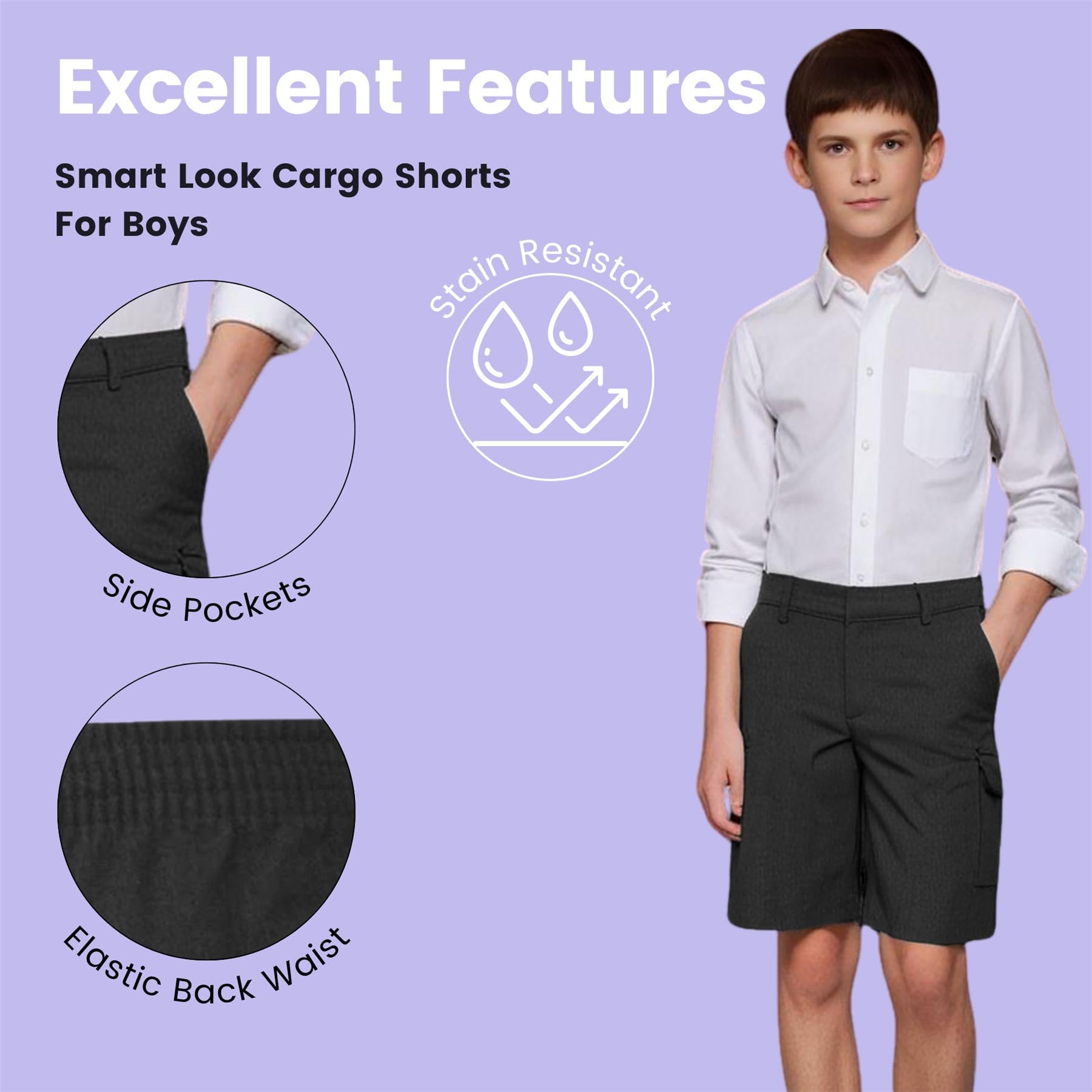 Pantalones cortos escolares cargo para niños, paquete de 2 pantalones cortos de uniforme de cintura ajustable, elegante y práctico, uniforme escolar de verano para edades de 2 a 13