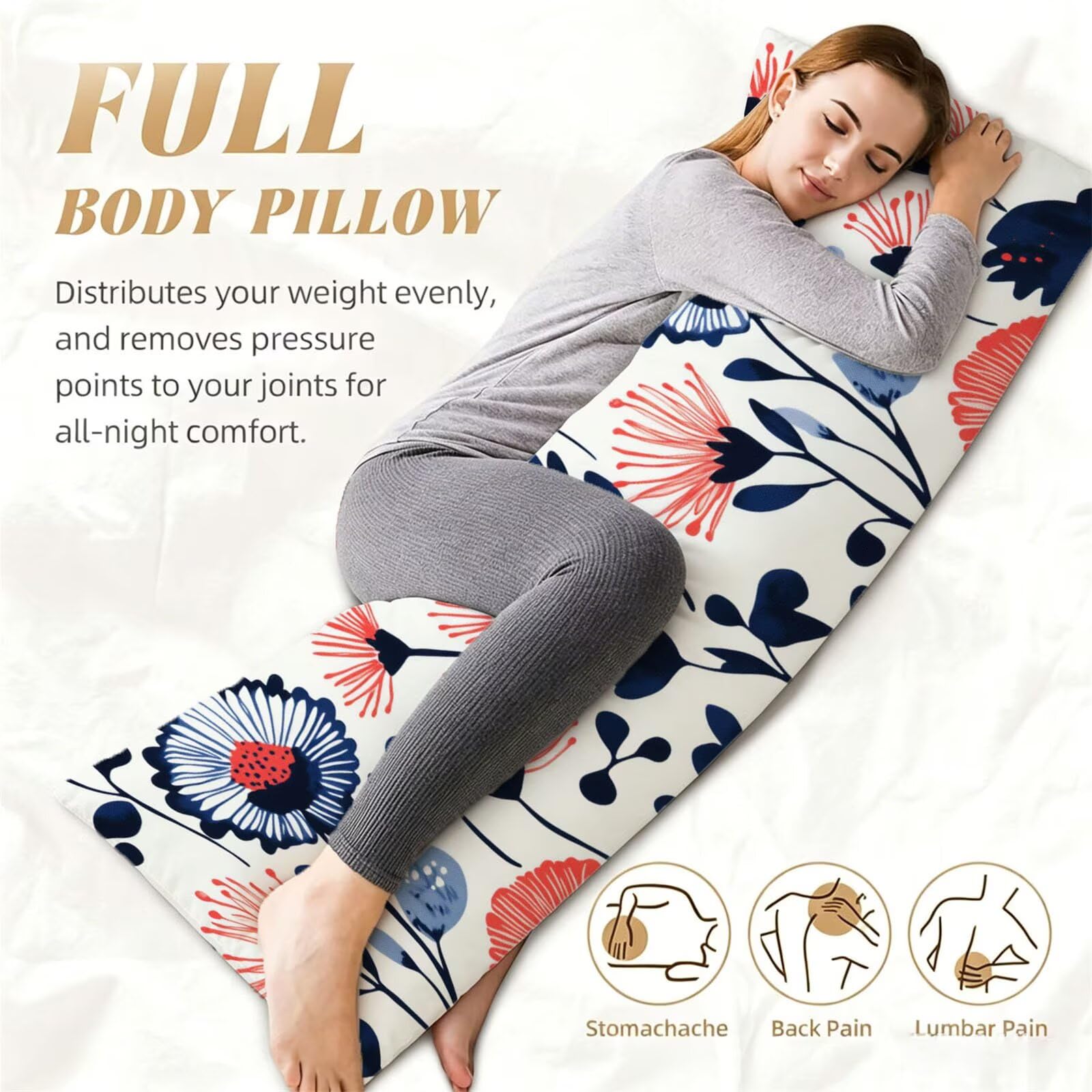 Funda de Almohada 60 x 180 cm Flores Protector Almohada 180 cm con Cremallera Invisible, Lino Durable y Transpirable Pillow Case Quemado Impresión a Doble Cara para Cama, Sofá y Dormitorio dg-128