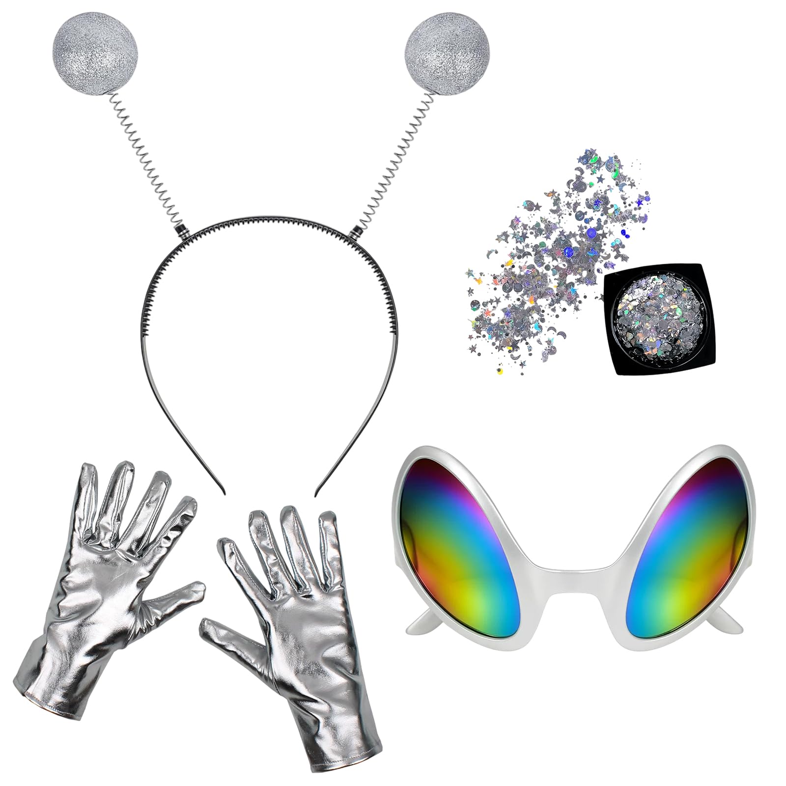 XcnPer 4Pcs Alien Costume, Alien Costume Set for Halloween Cosplay, Includes Headband, Glasses, Gloves and Glitter, Perfect for Themed Parties
