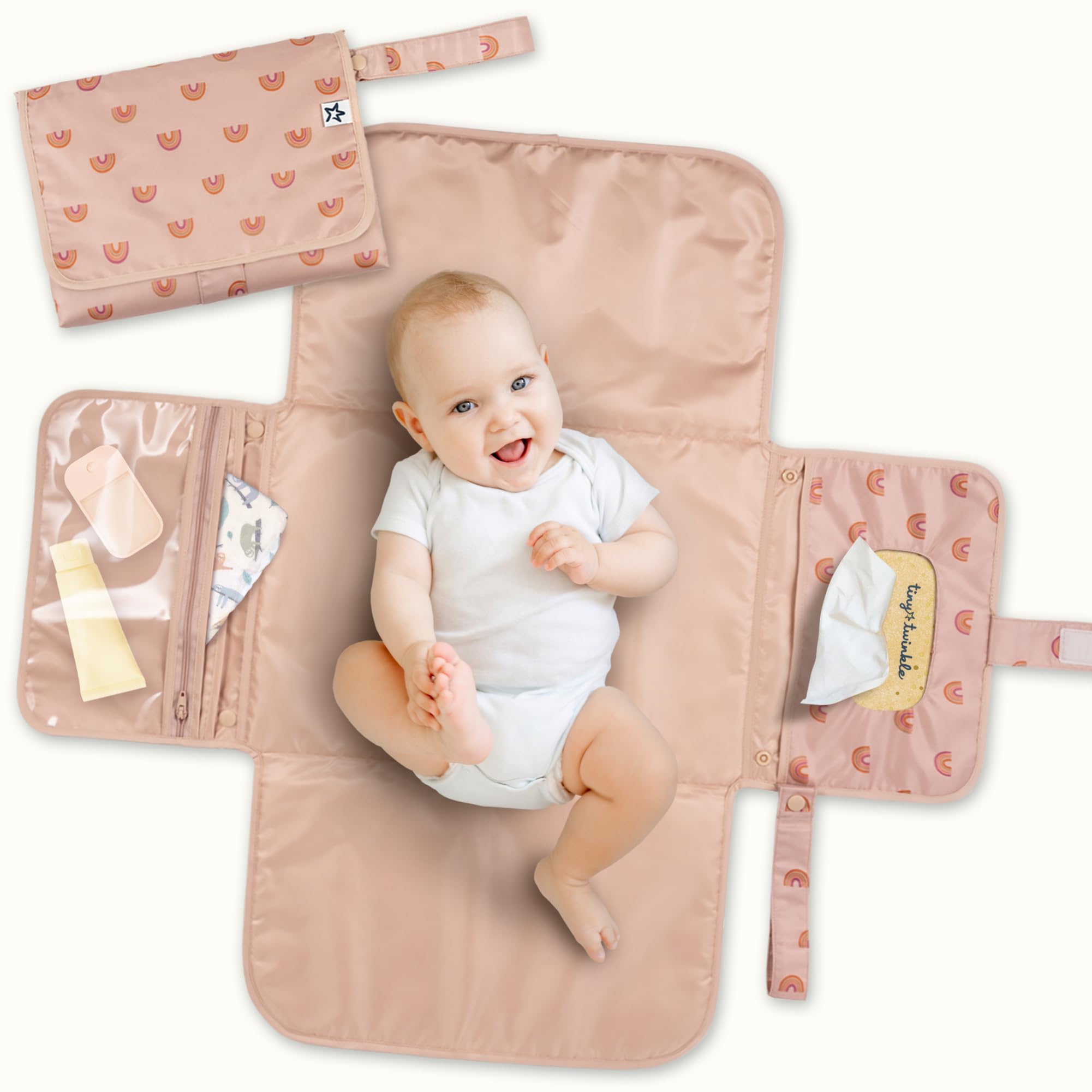 Tiny Twinkle Portable Baby Changing Mat โ Foldable & Washable Travel Changing Pad โ Diaper & Nappy Changing Mat with Smart Wipes Pocket & Storage (Boho Rainbow)