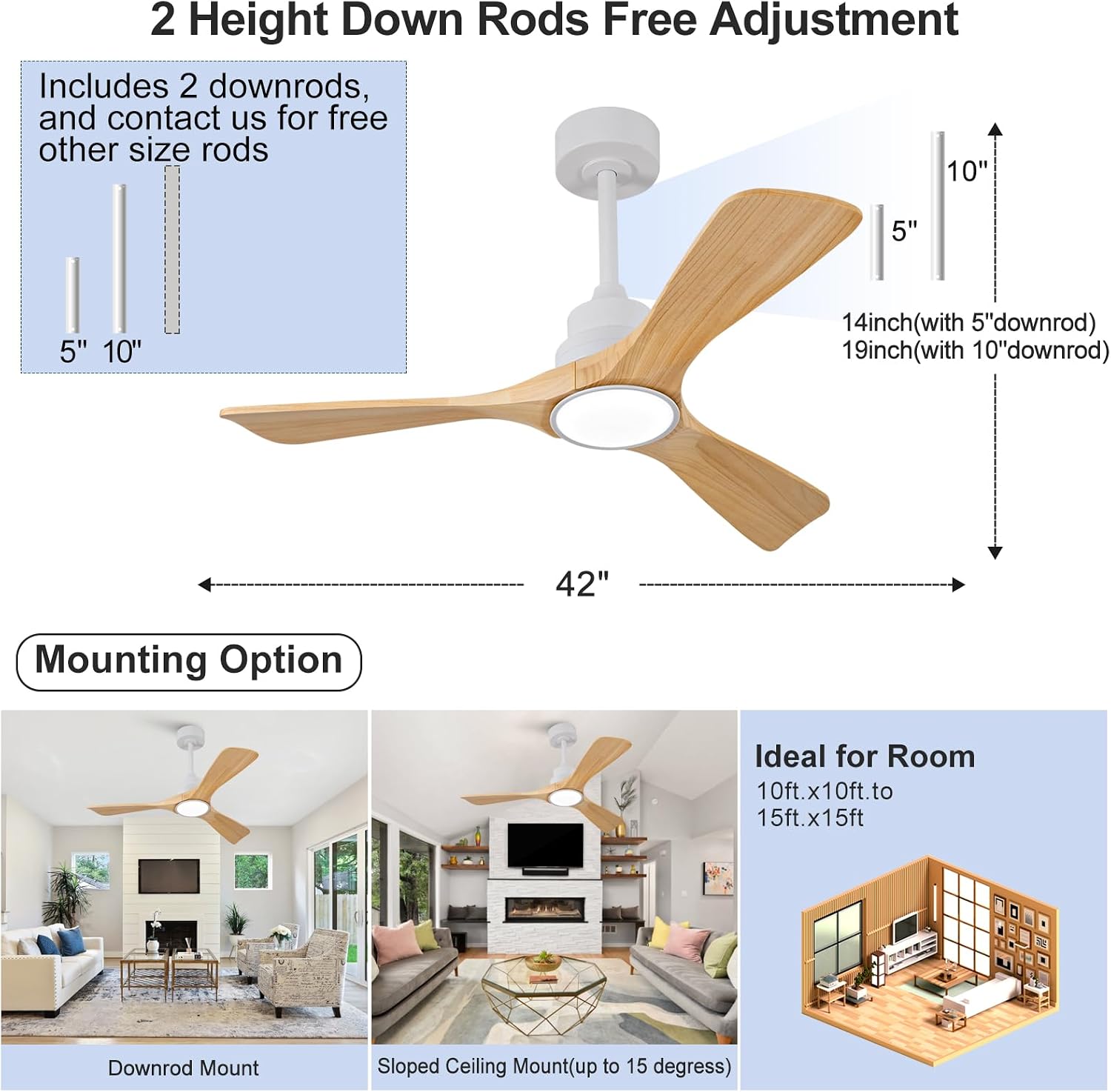 42 Inch White Ceiling Fans with Lights and Remote, Dimmable 3 Blade Wood Ceiling Fan with Light, Modern Indoor Outdoor Ceiling Fan for Patio Bedroom, Wall Switch, Memory Function, Quiet DC Motor