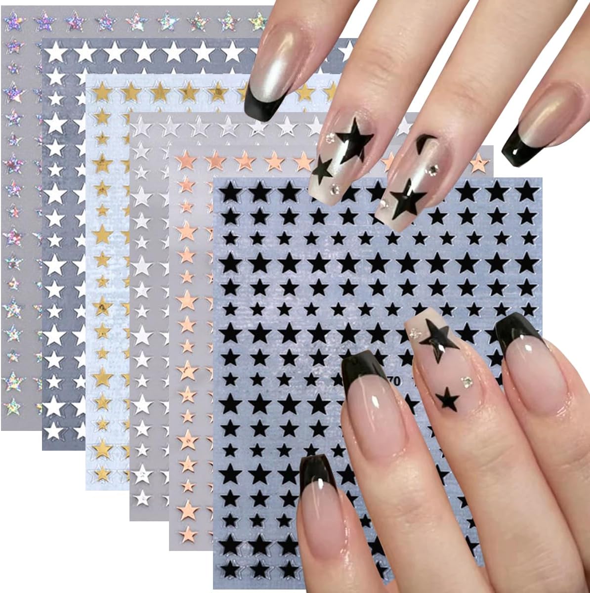 6Pcs Star Nail Art Stickers 3D Shiny Stars Nail Decals Self-Adhesive Nail Supplies Sparkly Geometry Star Sticker DIY Transfer Decal Design Nail Tips Foil DIY French Nail Art Luxury Manicure Decoration