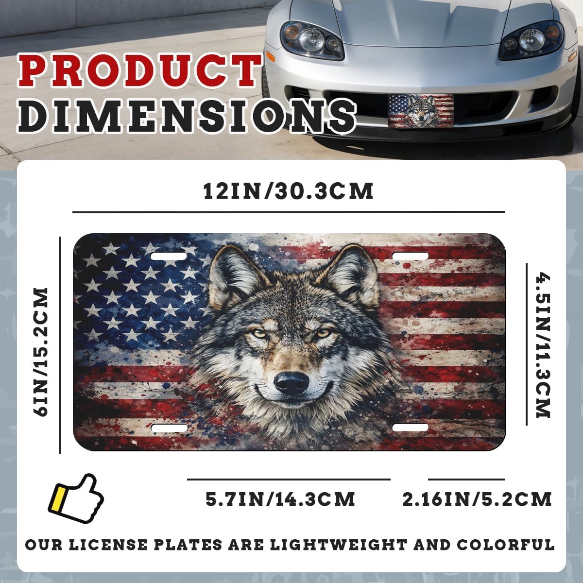 Wolf USA Flag Front License Plate Patriotic Animal Freedom Vintage Aesthetic Car Decorative License Plates Aluminum Metal Decor Accessory Novelty Vanity Tag Cover with 4 Holes for Men Women 6" X 12" image 2