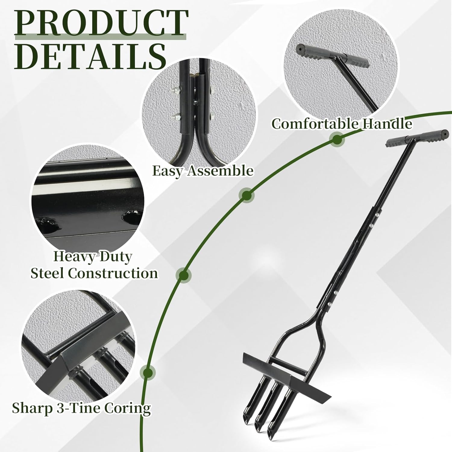 43-Inch Lawn Aerator with Soil Core Tray, Manual Grass Plug Aerators and A Cleaning Tool, Garden Tool with 3 Tines, Aerator Machine for Gardening, Soil Compaction, Lawn Yard Care (Black)