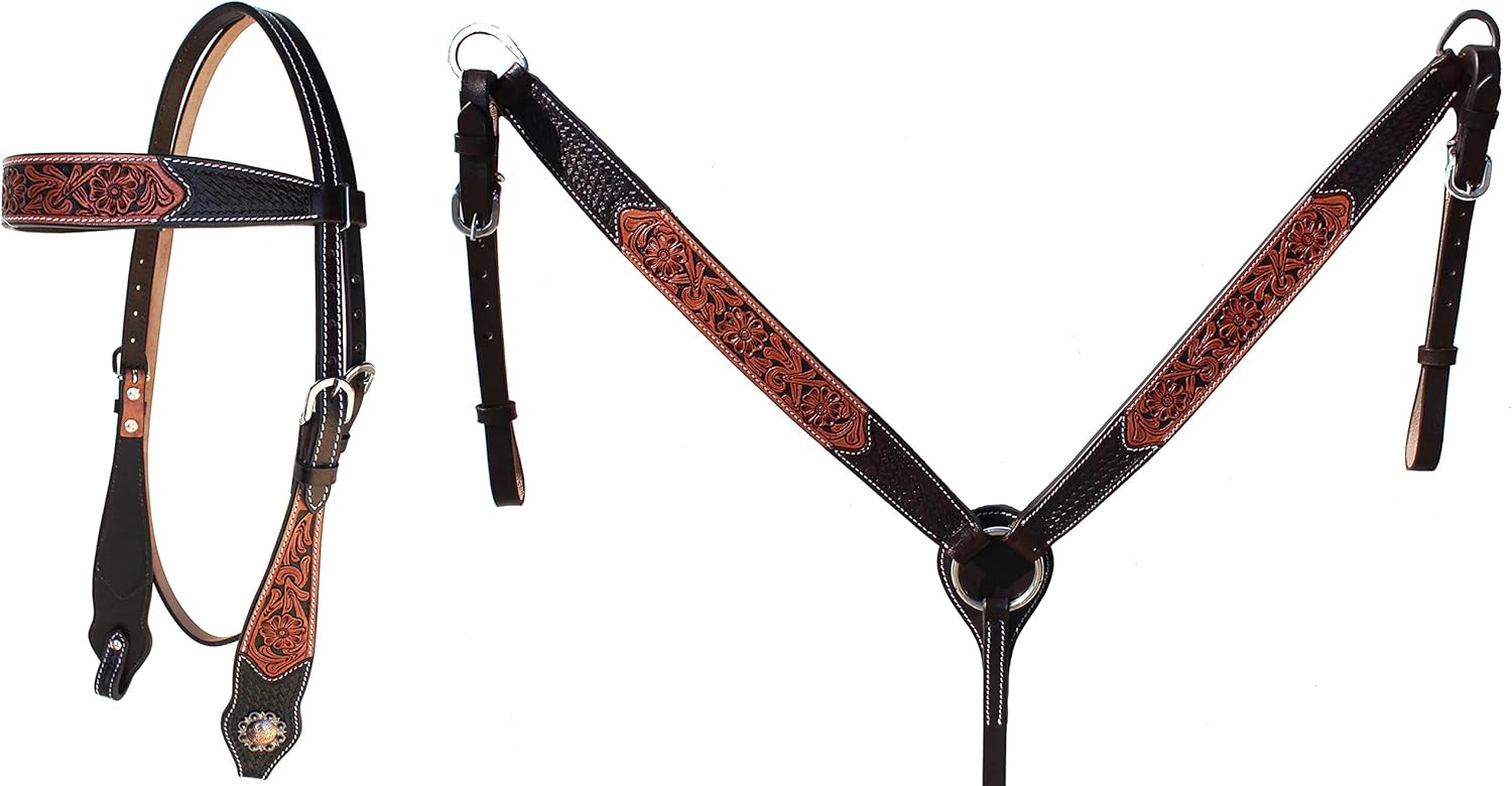 CHALLENGER Horse Floral Basket Weave Tooled Browband Bridle & Breast Collar Set 78FK31B