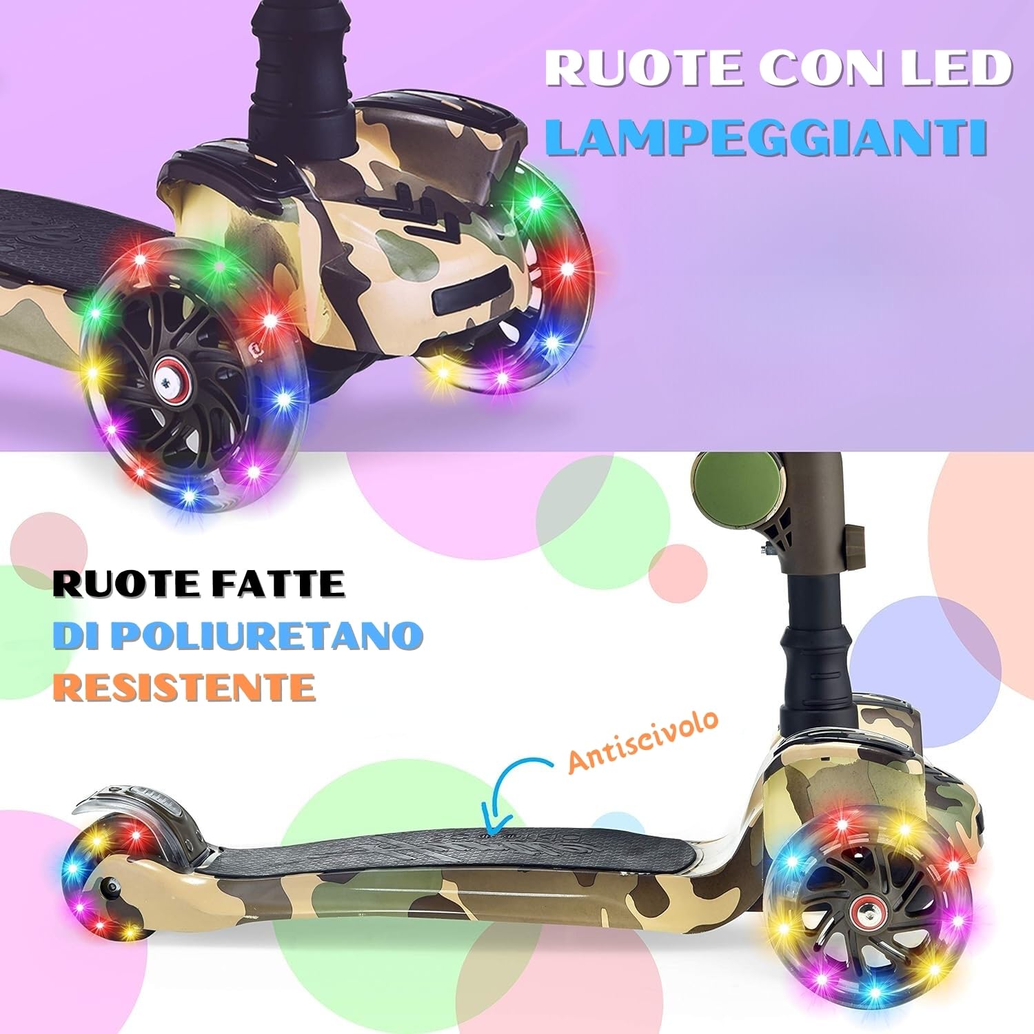 Hurtle Monopattino Bambino, Monopattino Bambina, Monopattino a 3 Ruote, Regolabile in Altezza con Sedile Pieghevole, Scooter per Bambini e Bambine con Ruote LED Multicolore, Dai 1 ai 14 Anni