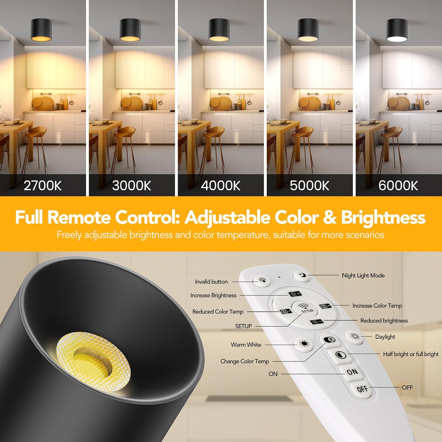 Remote Control Ceiling Spotlight Fixtures Flush Mount Ceiling Light Fixture Dimmable LED Spot Lights Indoor, 4.72" Cylinder Downlight for Hallway Kitchen Entryway Foyer, 20W Black 2 Pack